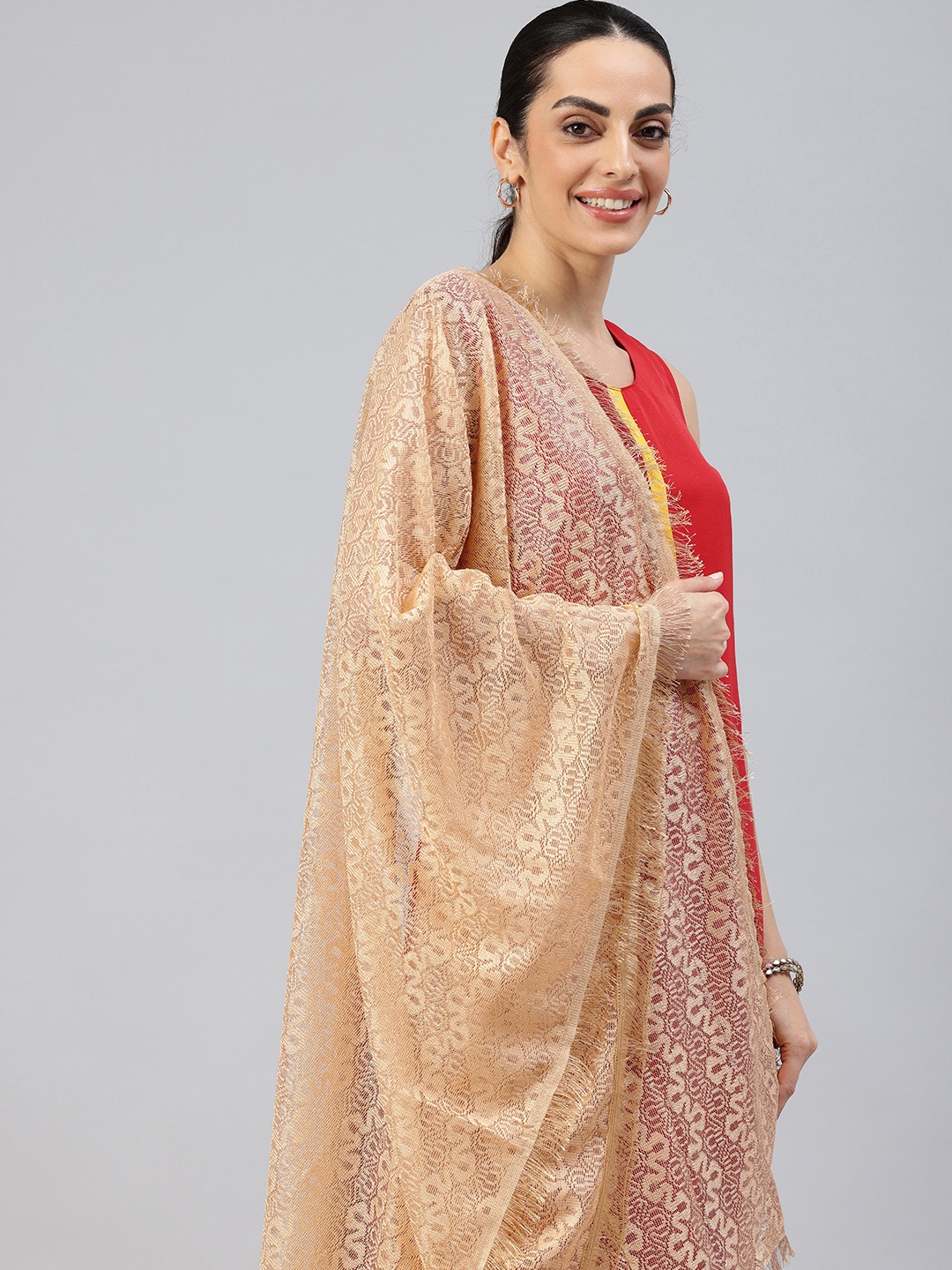 

swatika Ethnic Motifs Woven Design Net Dupatta, Cream