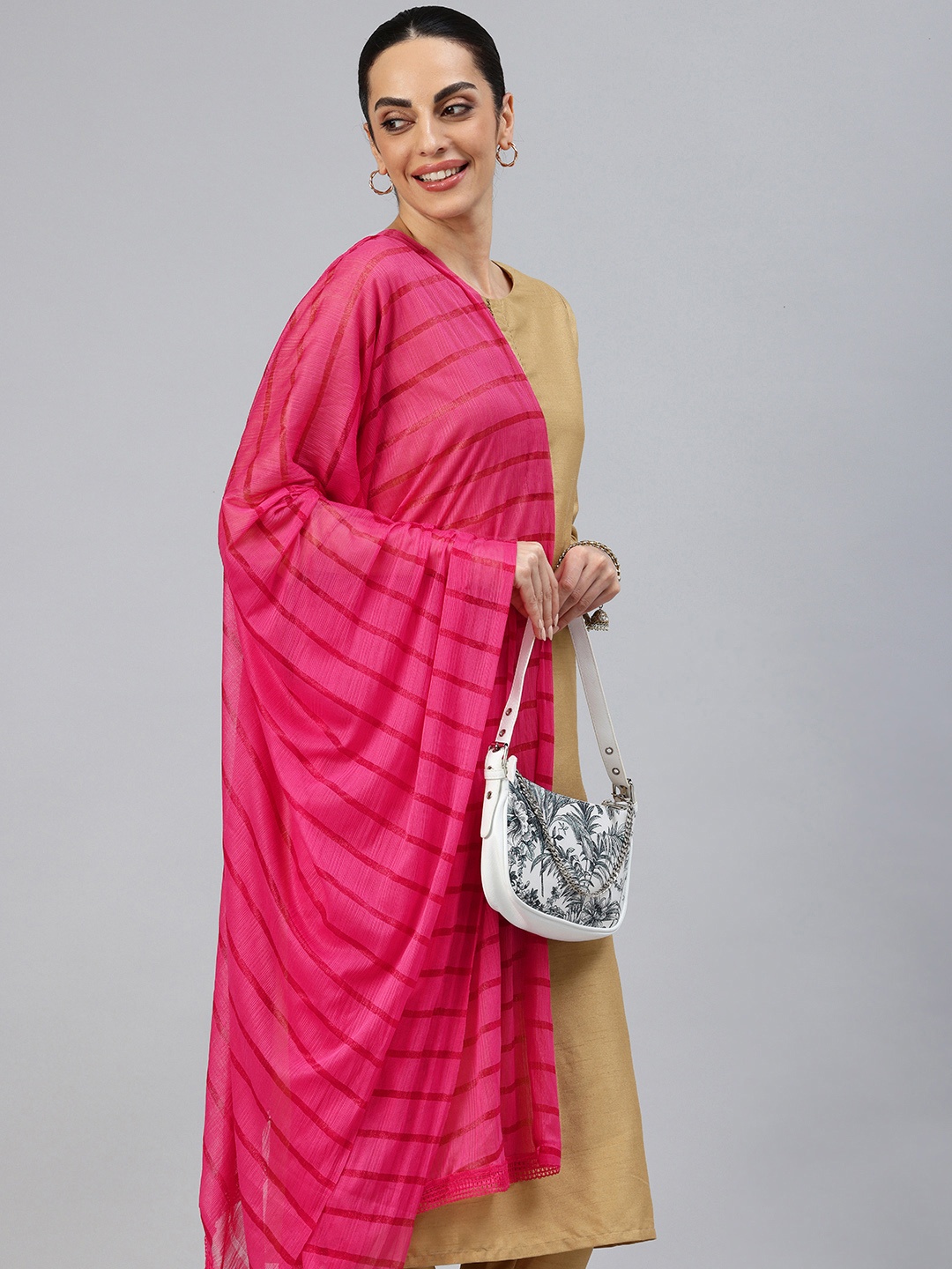 

swatika Striped Woven Design Net Dupatta, Pink