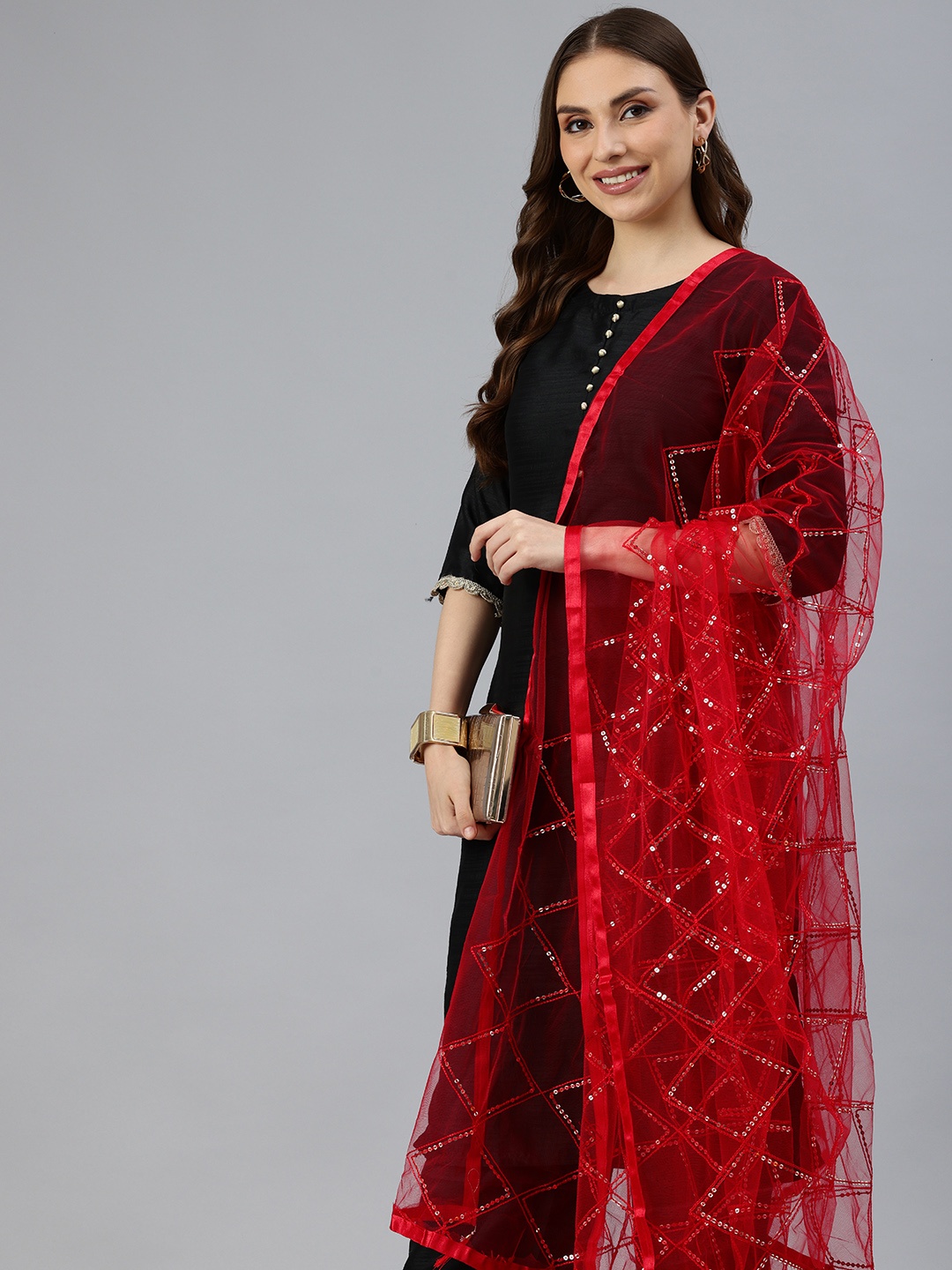 

swatika Checked Net Dupatta with Sequinned, Red