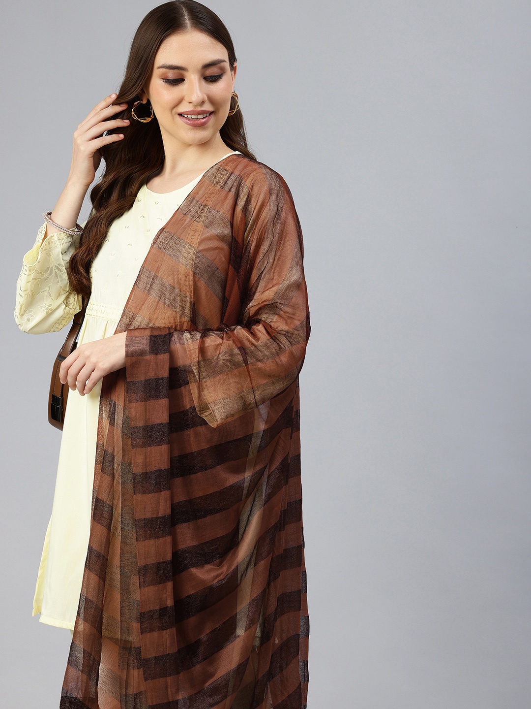 

swatika Striped Net Dupatta, Brown