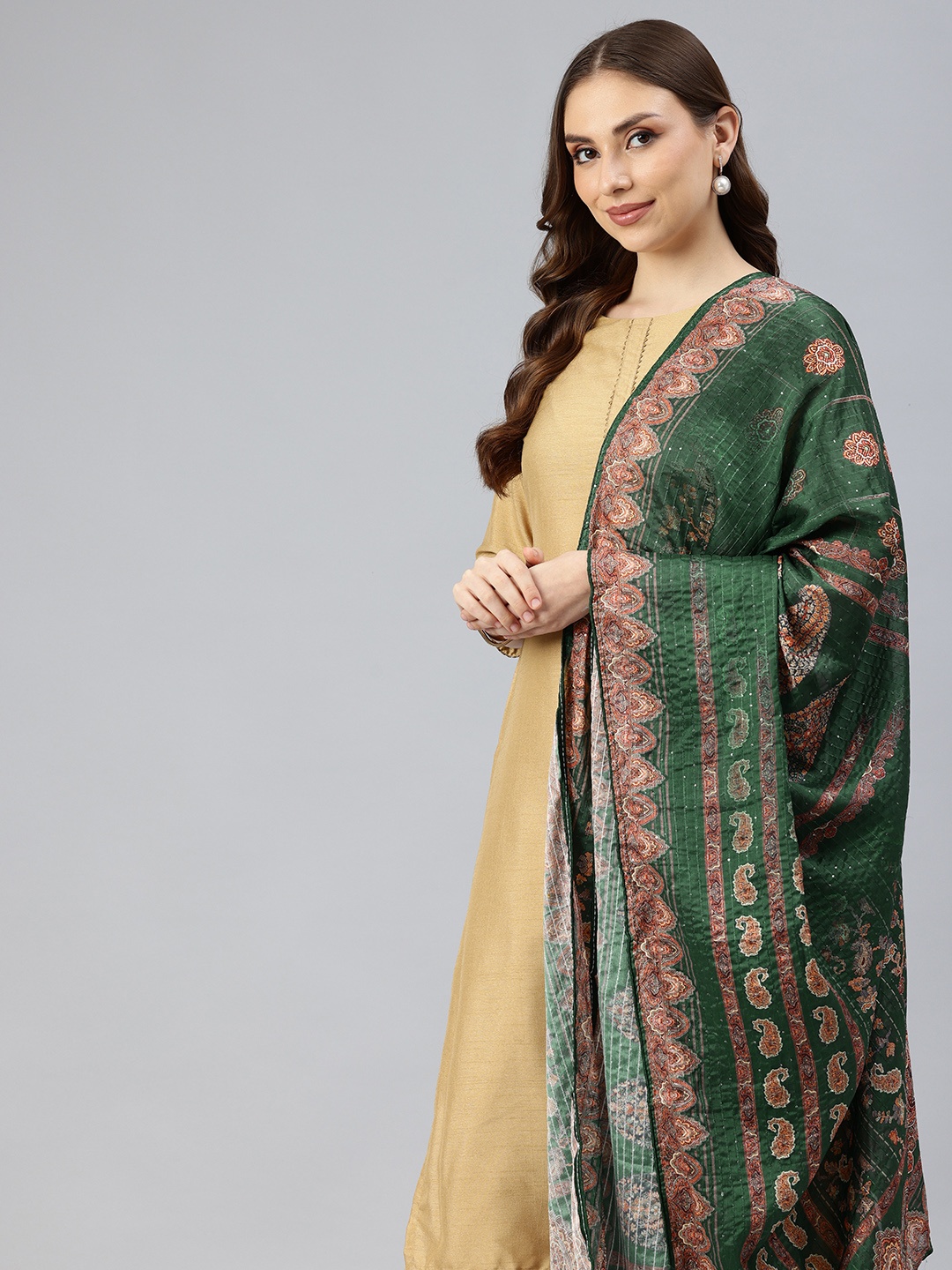 

swatika Ethnic Motifs Printed Dupatta with Sequinned, Green