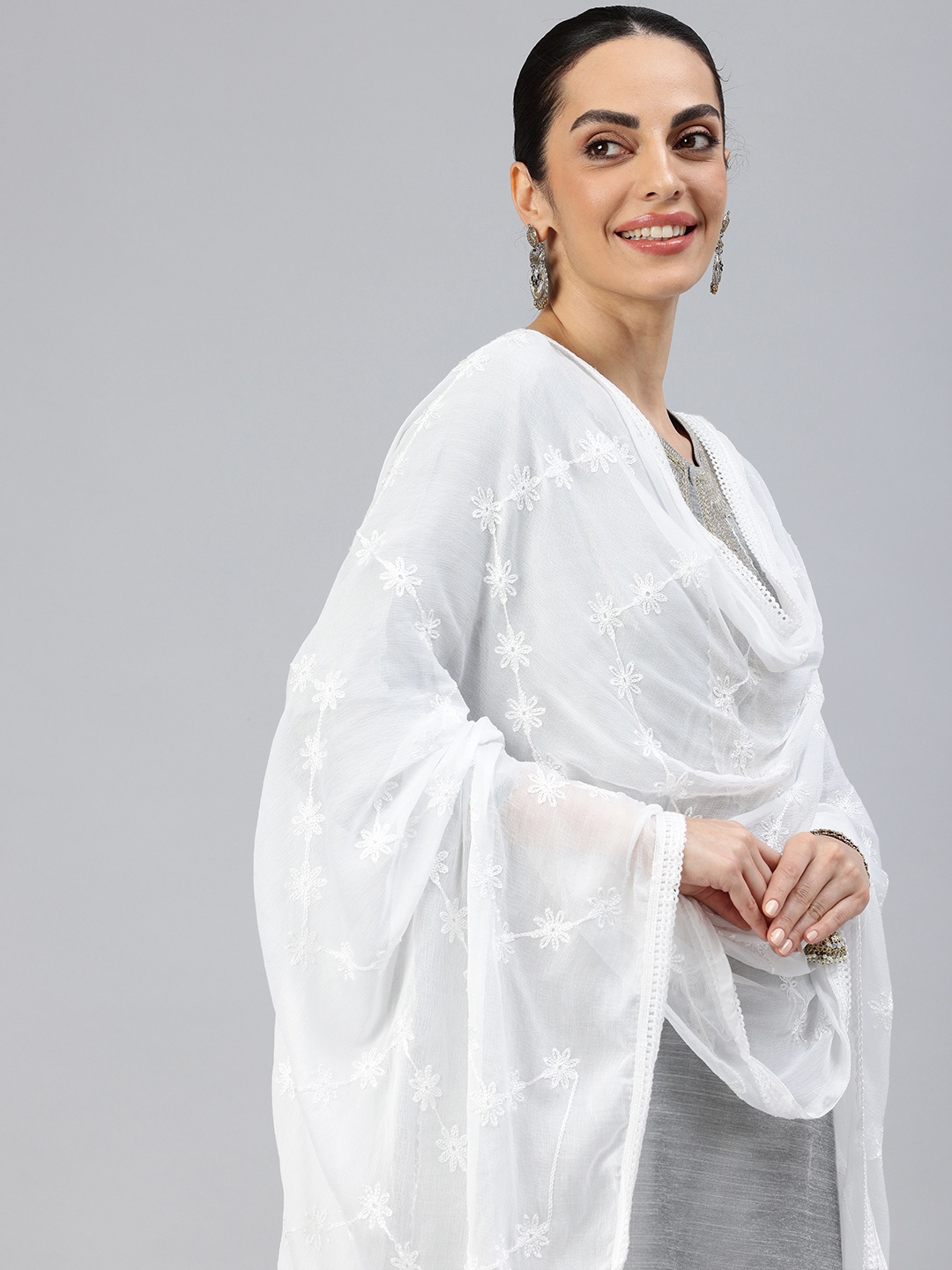 

swatika Floral Embroidered Dupatta, White