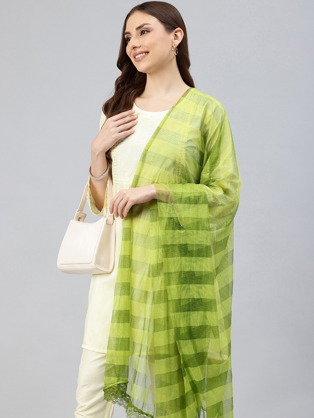 

swatika Striped Woven Design Net Dupatta, Green