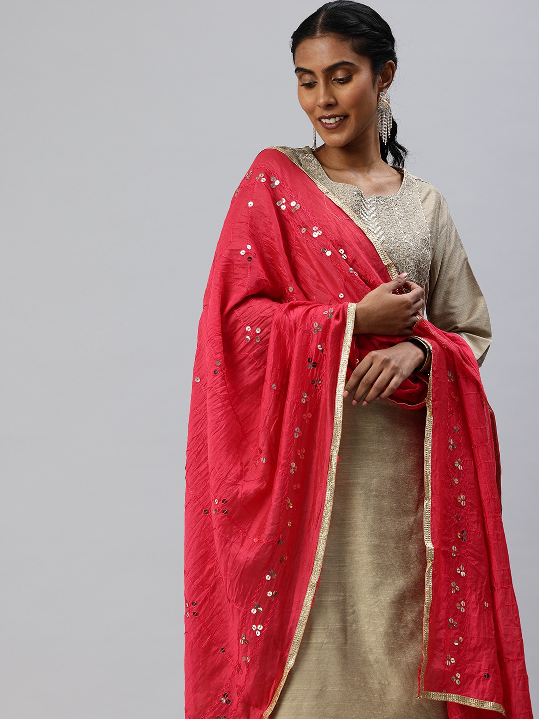 

swatika Ethnic Motifs Embroidered Dupatta with Sequinned, Pink