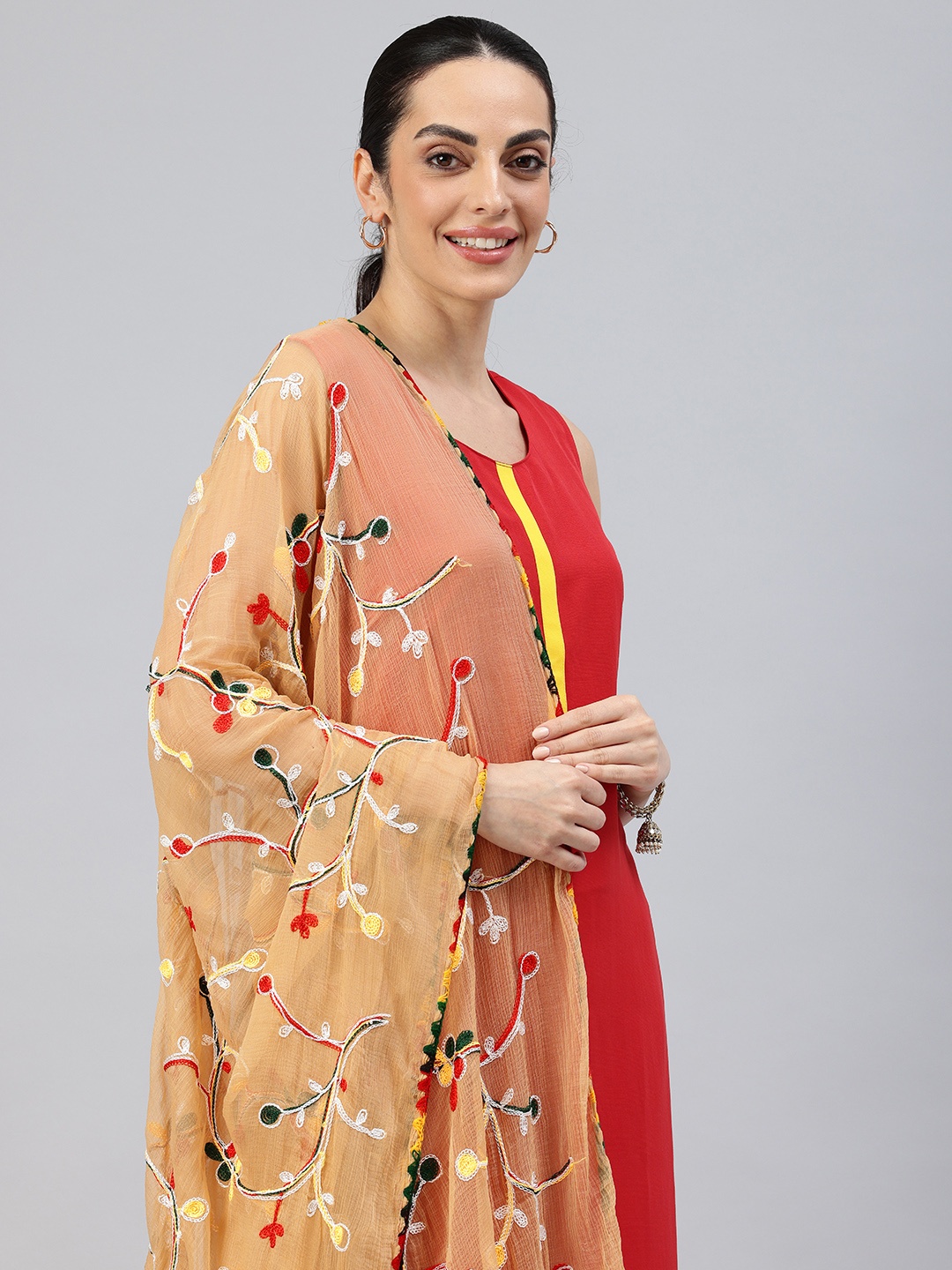 

swatika Embroidered Dupatta with Phulkari, Beige