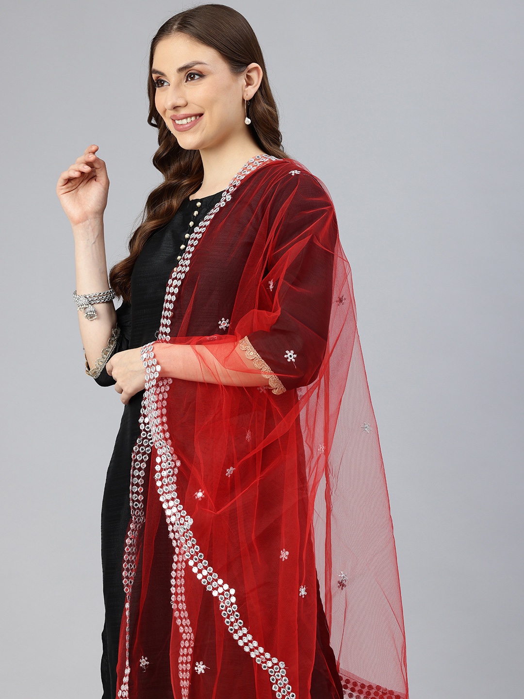 

swatika Sequinned Embellished Net Dupatta, Red