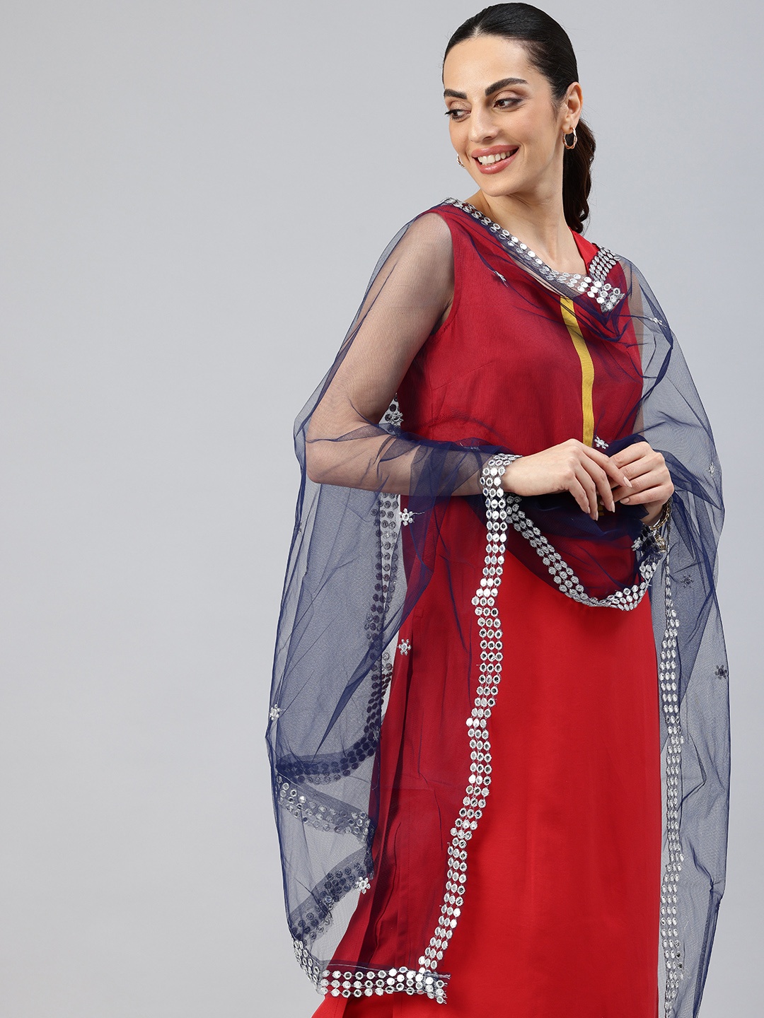 

swatika Embroidered Net Dupatta with Sequinned, Navy blue