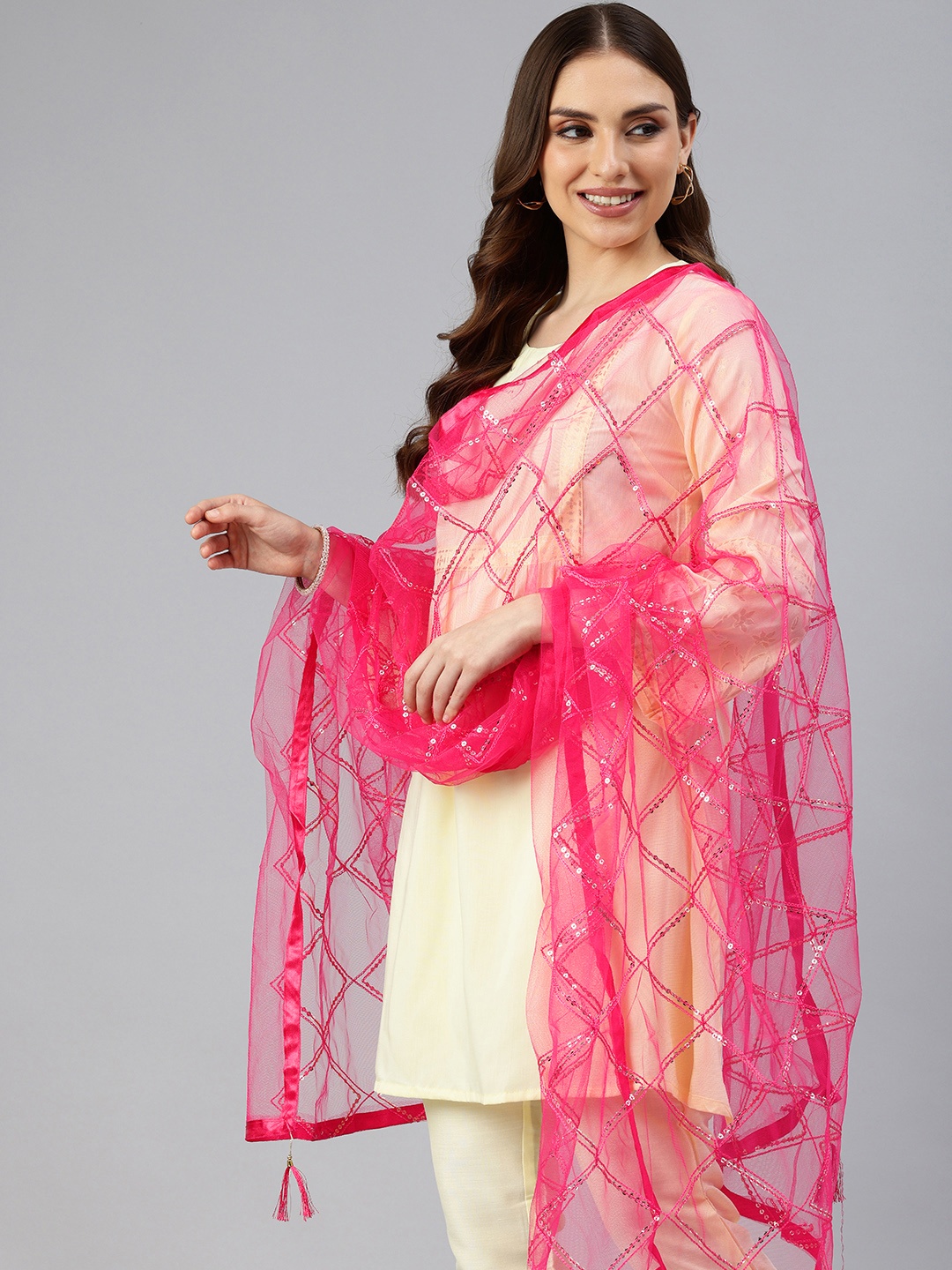 

swatika Checked Net Dupatta With Sequinned, Pink
