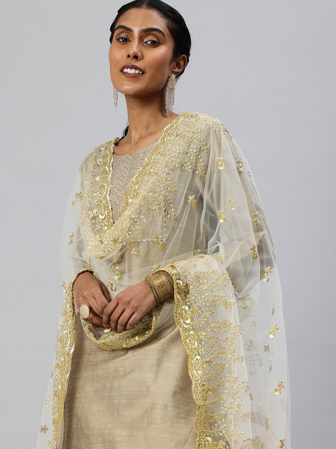 

swatika Ethnic Motifs Embroidered Dupatta With Beads & Stones, White