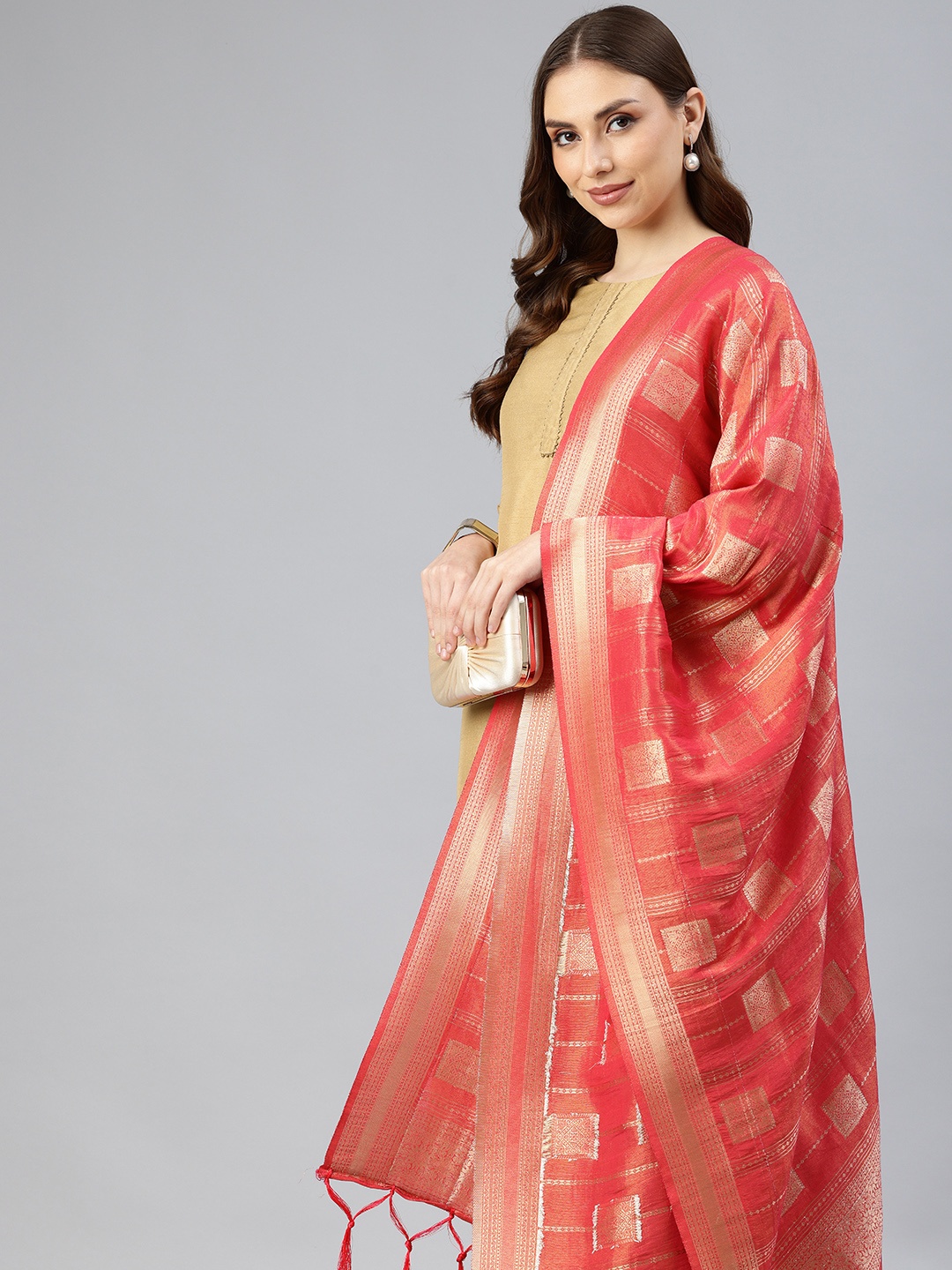 

swatika Ethnic Motifs Woven Design Dupatta with Zari, Pink