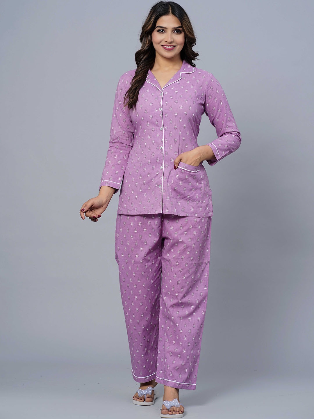 

KALINI Floral Printed Lapel Collar Neck Long Sleeves Shirt & Pyjamas Night suit, Purple