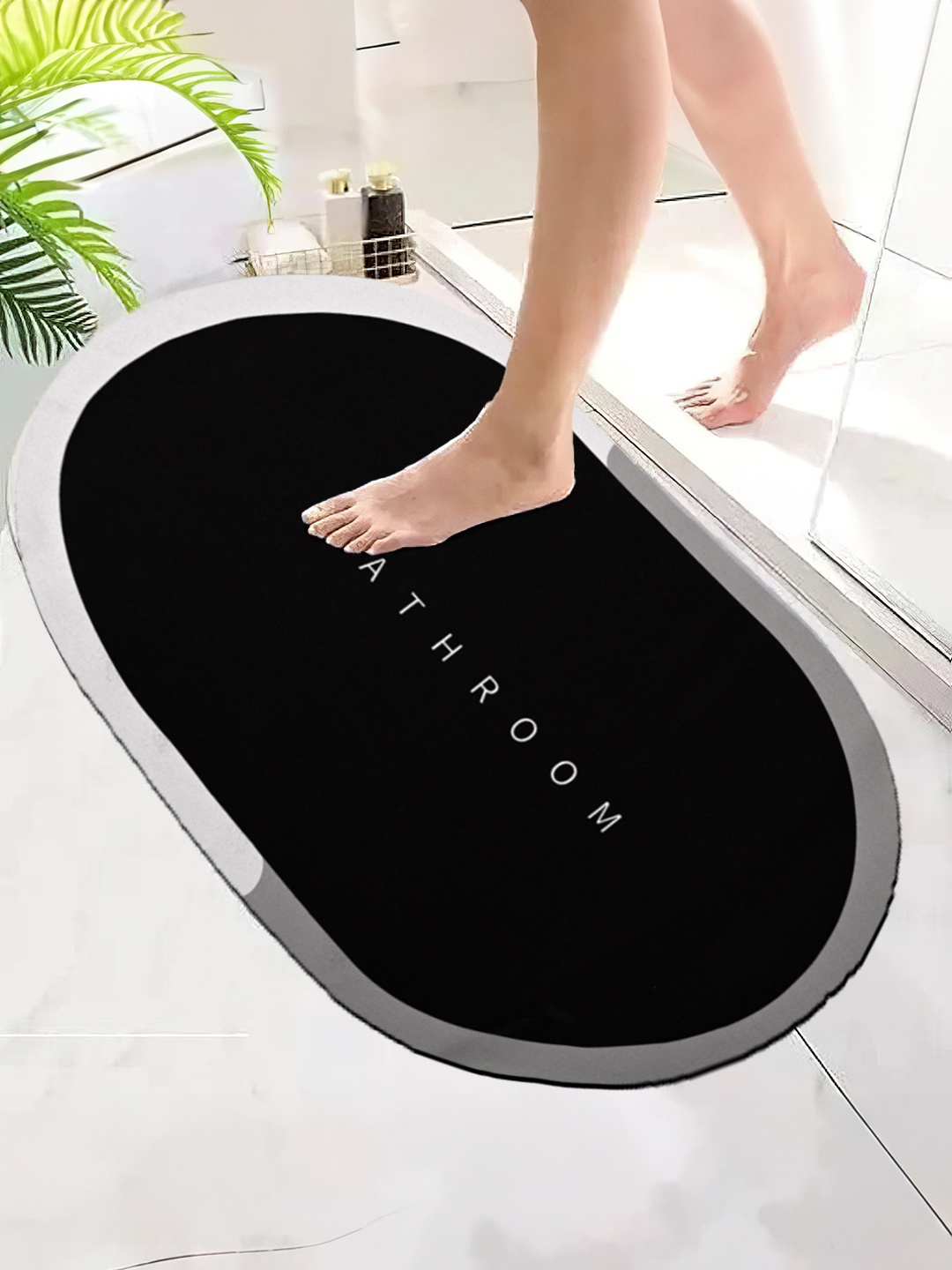 

Aura Navy Blue & Grey Printed 300 GSM Microfiber Bath Rugs, Black