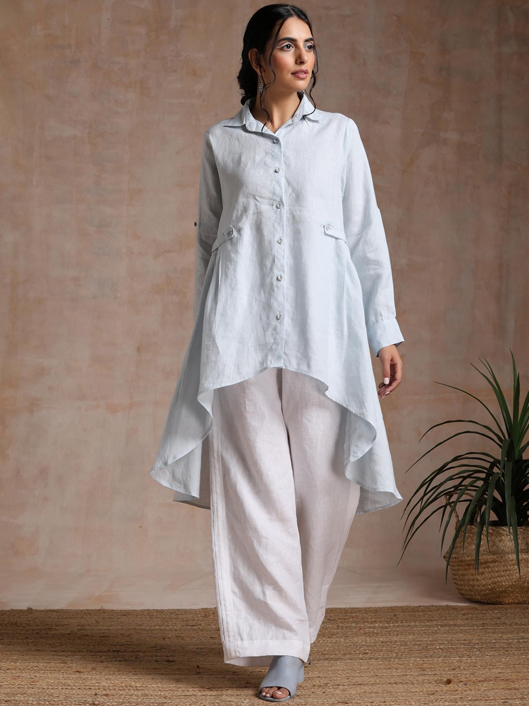 

VASSTRAM Shirt Collar Long Sleeves Linen Tunic, Blue