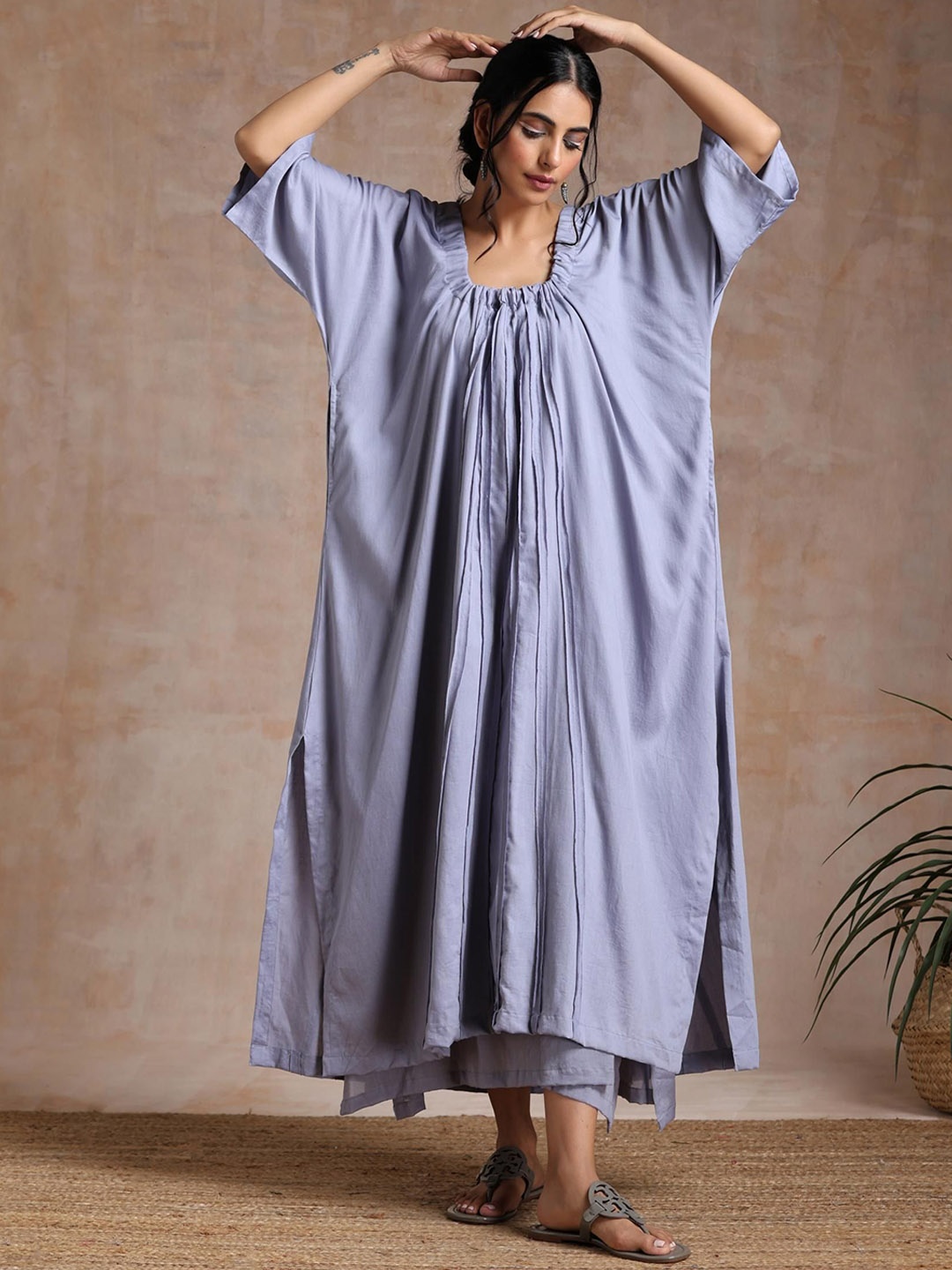 VASSTRAM Flared Sleeves Gathered Cotton Maxi Kaftan Dress With Slip, Grey
