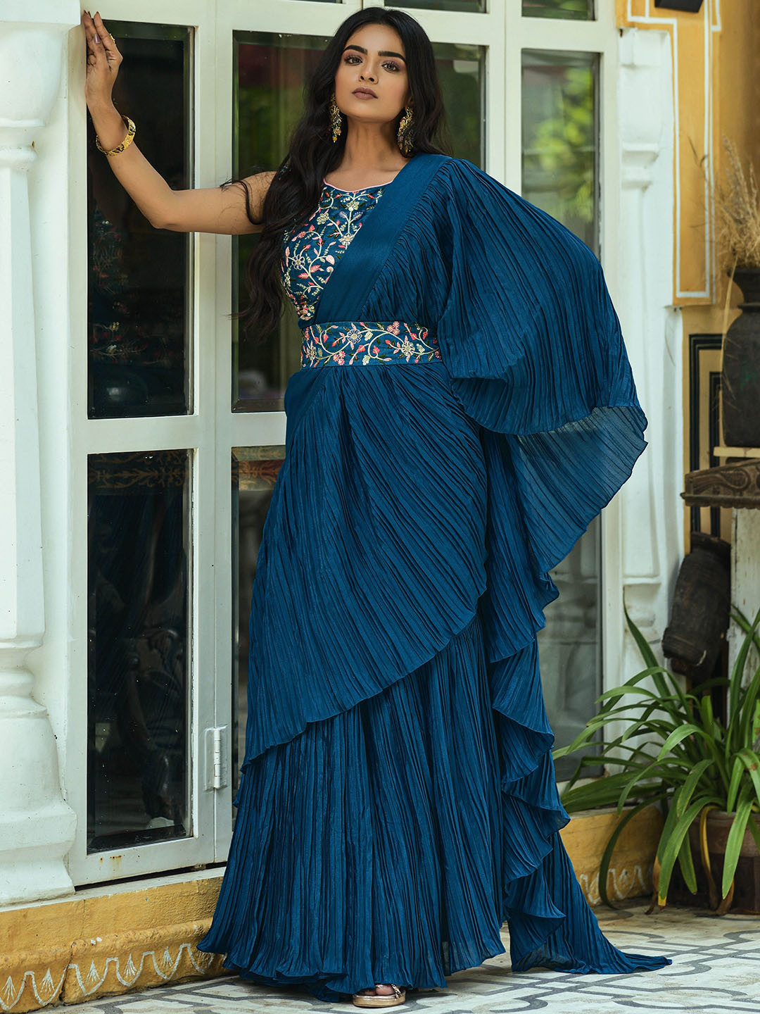 

ZIBLON Tussar Ruffles Saree, Blue