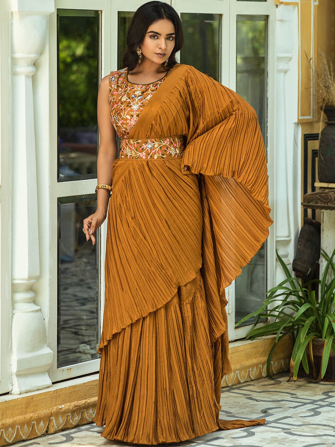 ZIBLON Ruffles Tussar Saree, Yellow
