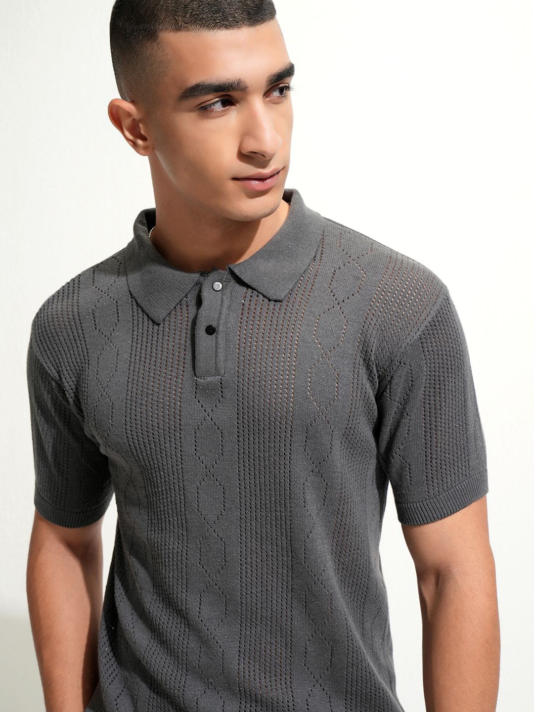 

HIGHLANDER Knitted Textured Polo Collar Cotton T-shirt, Grey