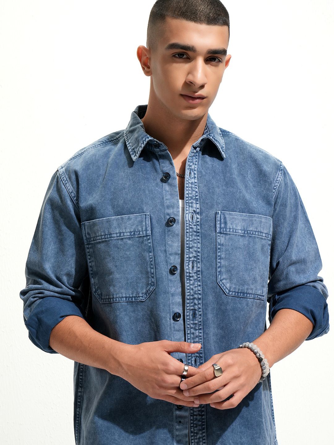 

HIGHLANDER Highlander Men Regular Collar Full Sleeve Overshirt, Navy blue