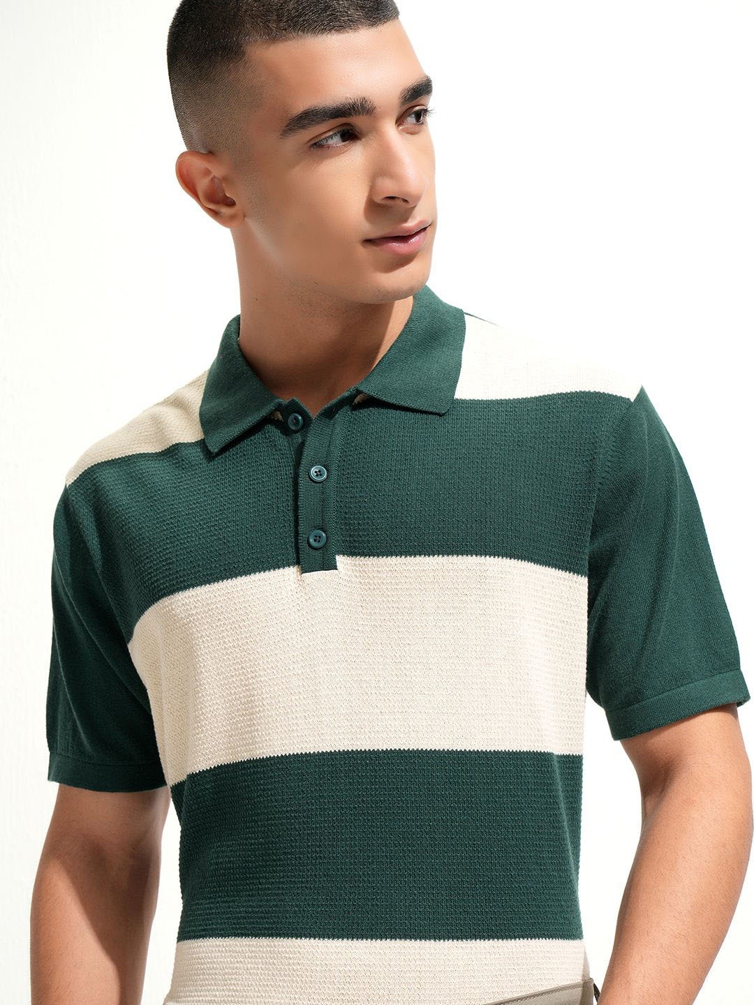 

Highlander Men Knitted Textured Polo Collar T-shirt, Green
