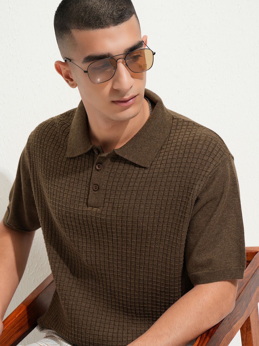 

HIGHLANDER Men Regular Fit Short Sleeve Half Placket Polo Collar T-shirt, Brown
