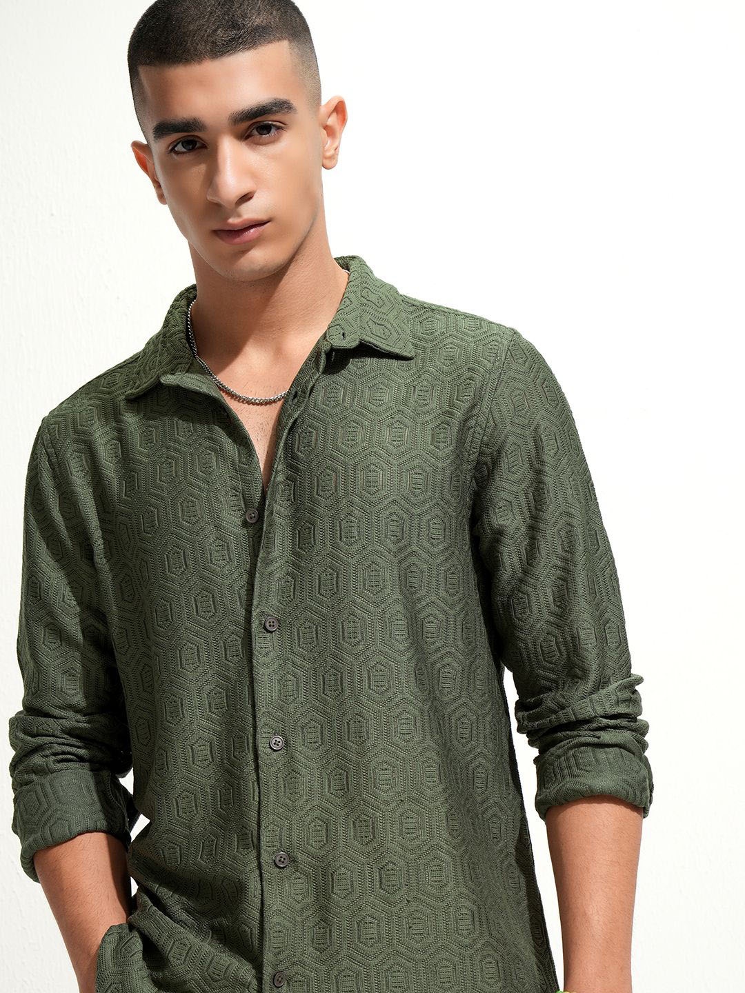 

HIGHLANDER Men Textured Crochet Relaxed Shirt, Green