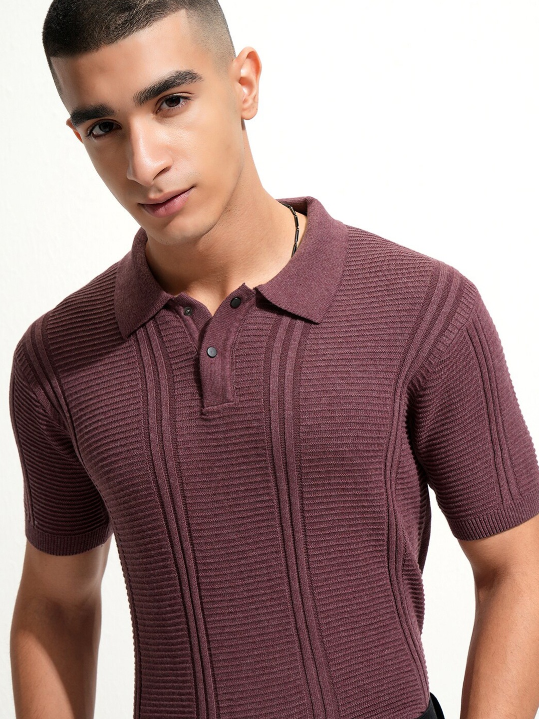 

HIGHLANDER Knitted Textured Polo Collar Cotton T-shirt, Maroon
