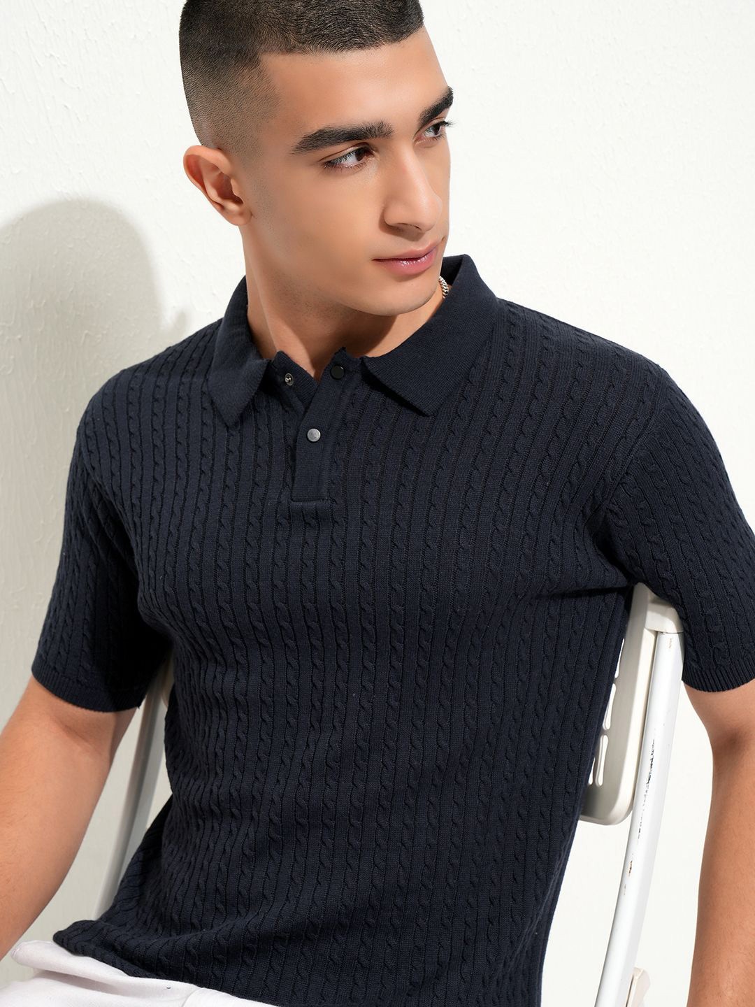 

Highlander Men Knitted Textured Polo Collar T-shirt, Navy blue