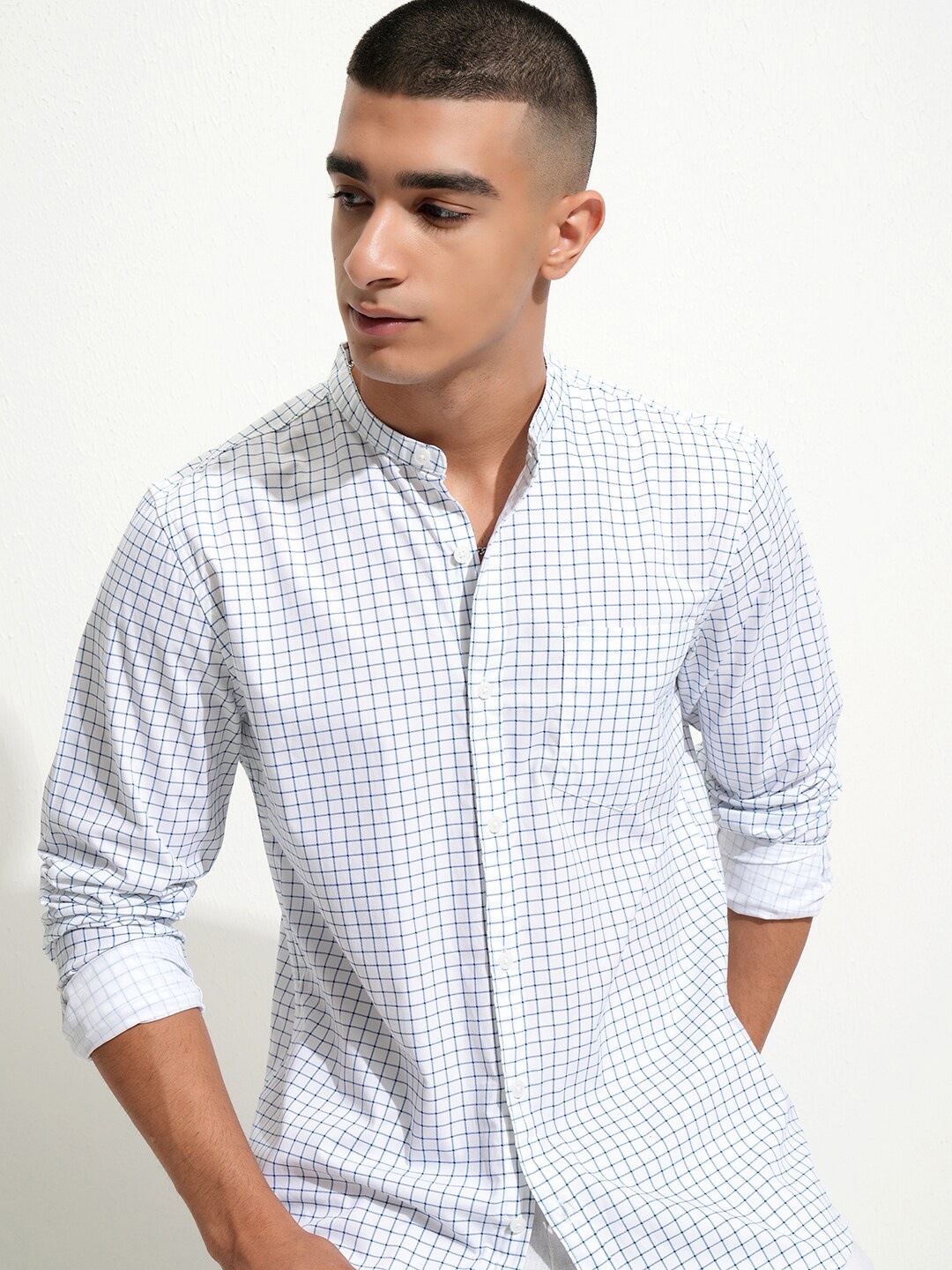 

HIGHLANDER Printed Checked Mandarin Collar Casual Shirt, White