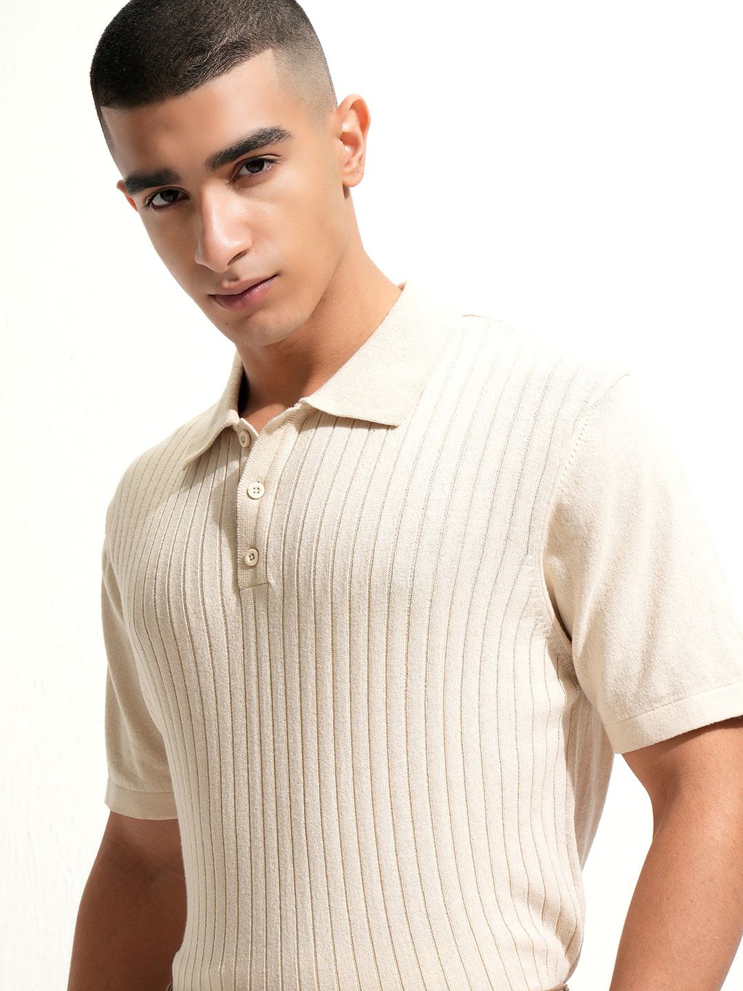 

Highlander Men Knitted Textured Polo Collar T-shirt, Off white