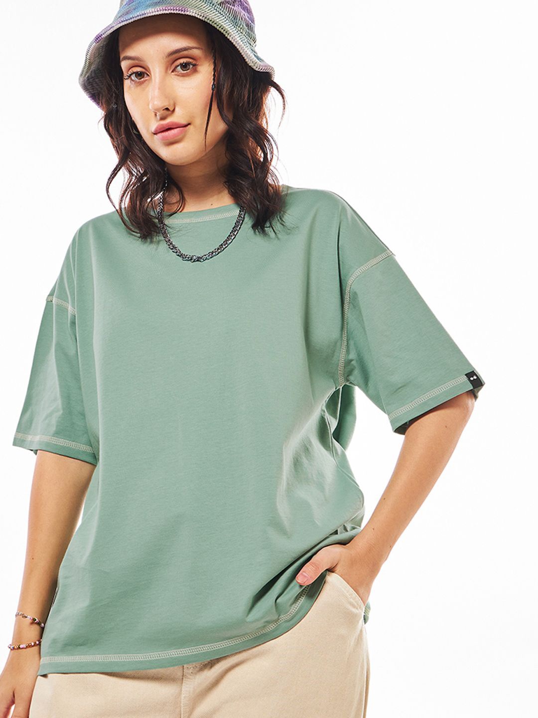 

Bewakoof Women Round Neck Drop Shoulder Oversized T-shirt, Green