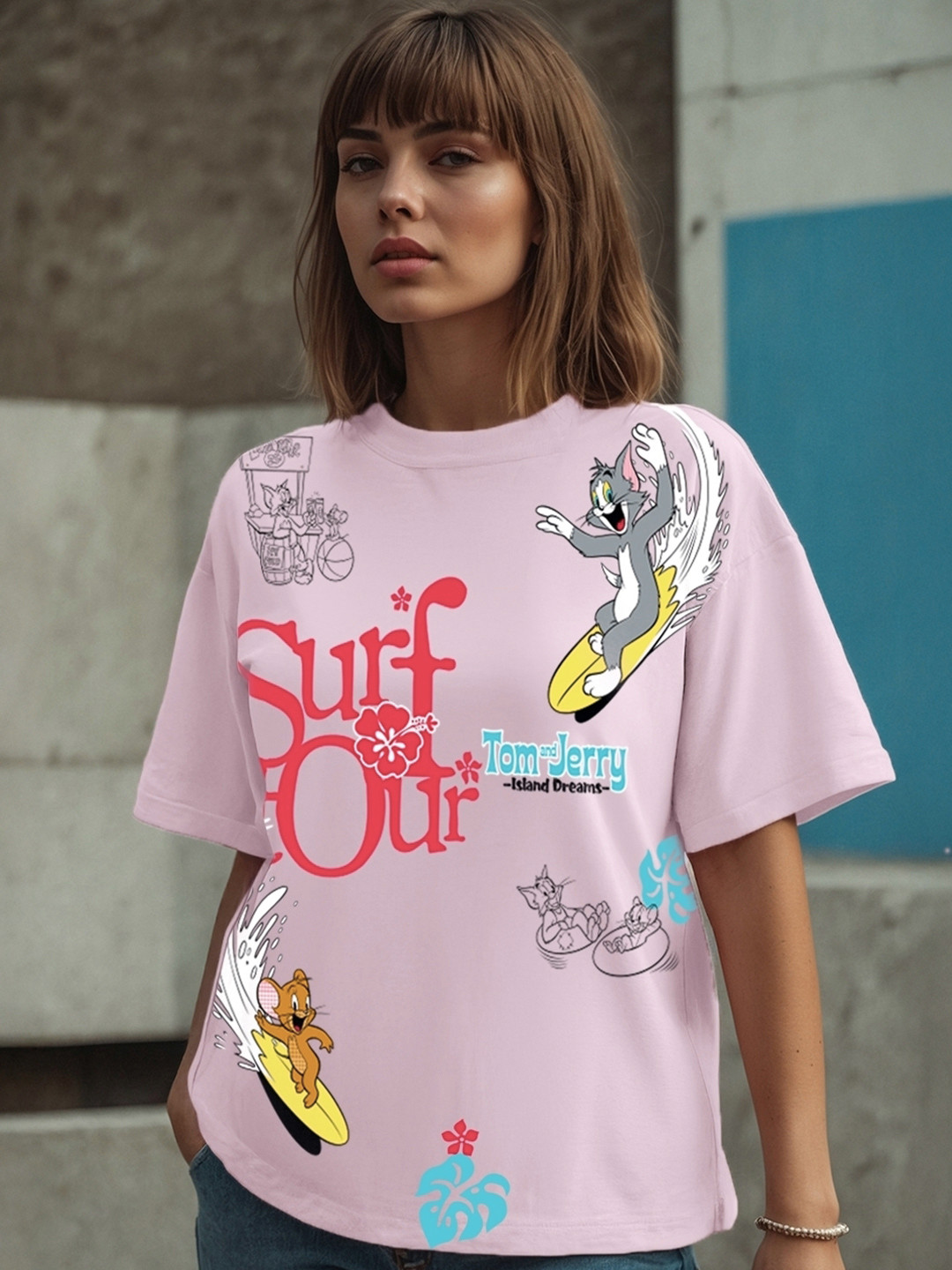 

Bewakoof Oversized Tom & Jerry Printed Drop-Shoulder Sleeves Pure Cotton T-shirt, Pink