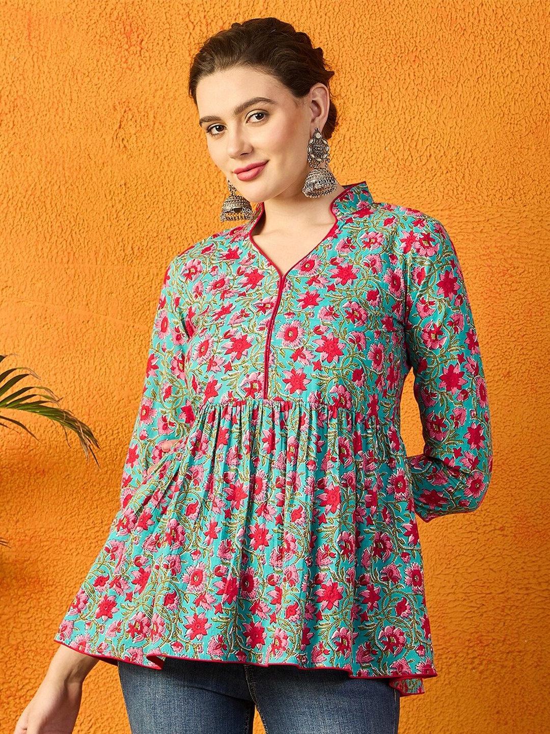 

PANIT Floral Printed Mandarin Collar Pure Cotton Short Kurti, Blue