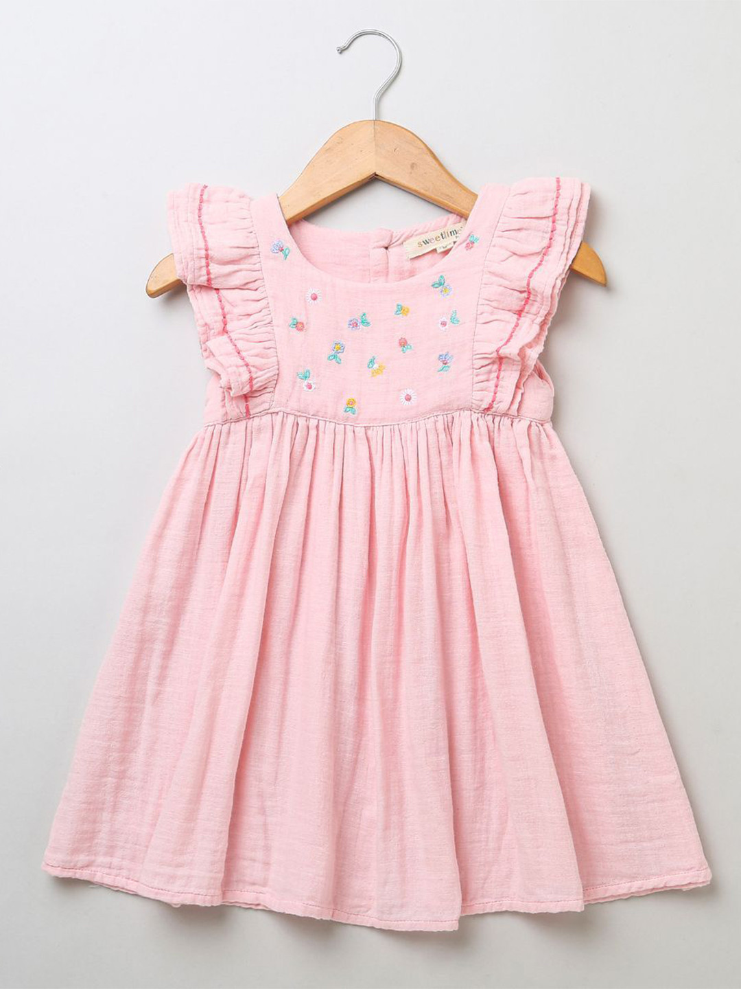 

Sweetlime By AS Girls Floral Embroidered Flutter Sleeves Cotton Empire Dress, Pink