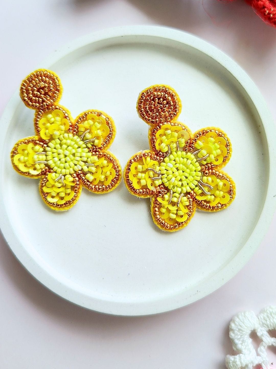 

Sangria Yellow Floral Beaded Drop Earrings