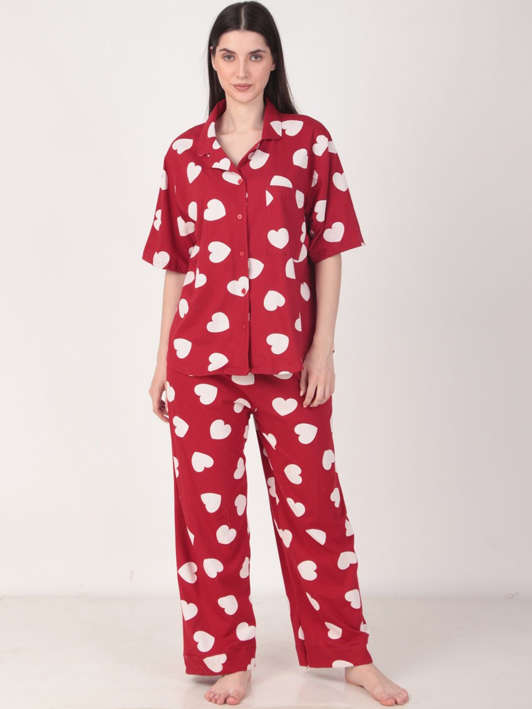 

Masha Conversational Printed Lapel Collar Neck Short Sleeves Pure Cotton Shirt & Pyjamas, Red