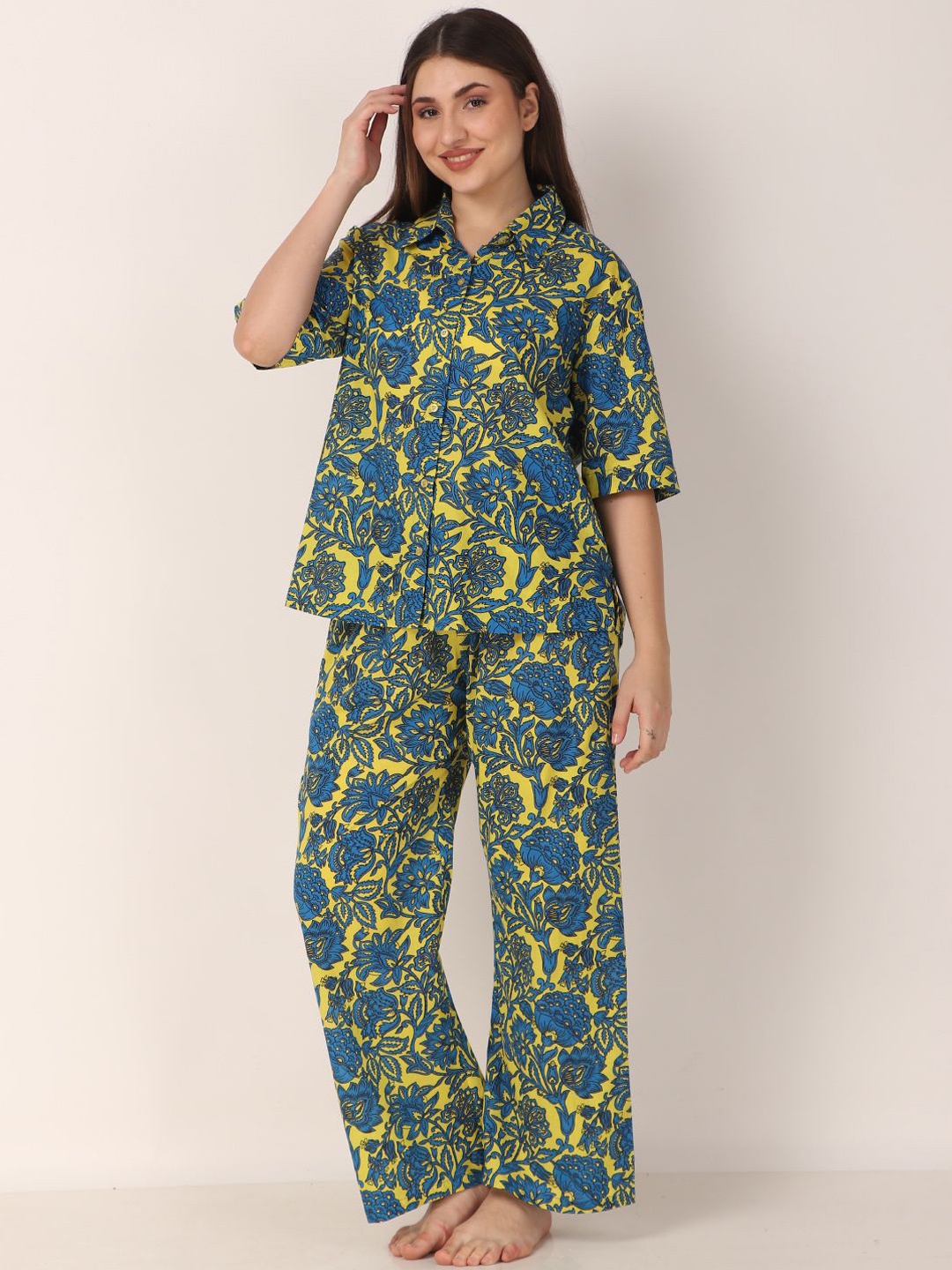 

Masha Floral Printed Pure Cotton Night suit, Blue