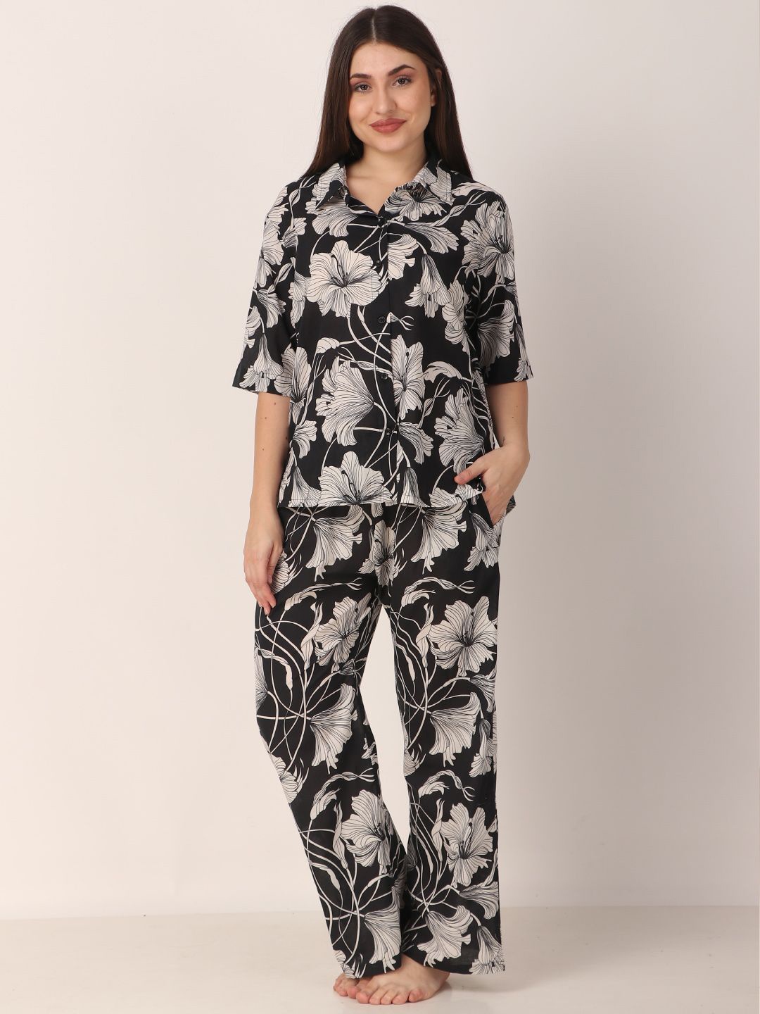 

Masha Floral Printed Pure Cotton Night suit, Black