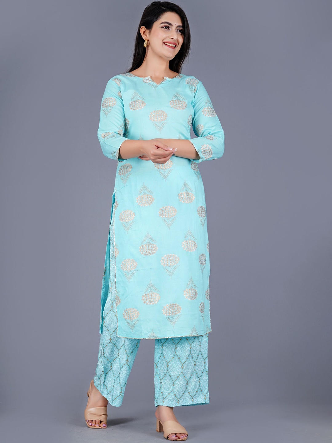 

ao services Floral Printed Side Slits Zari Straight Kurta With Palazzos, Turquoise blue