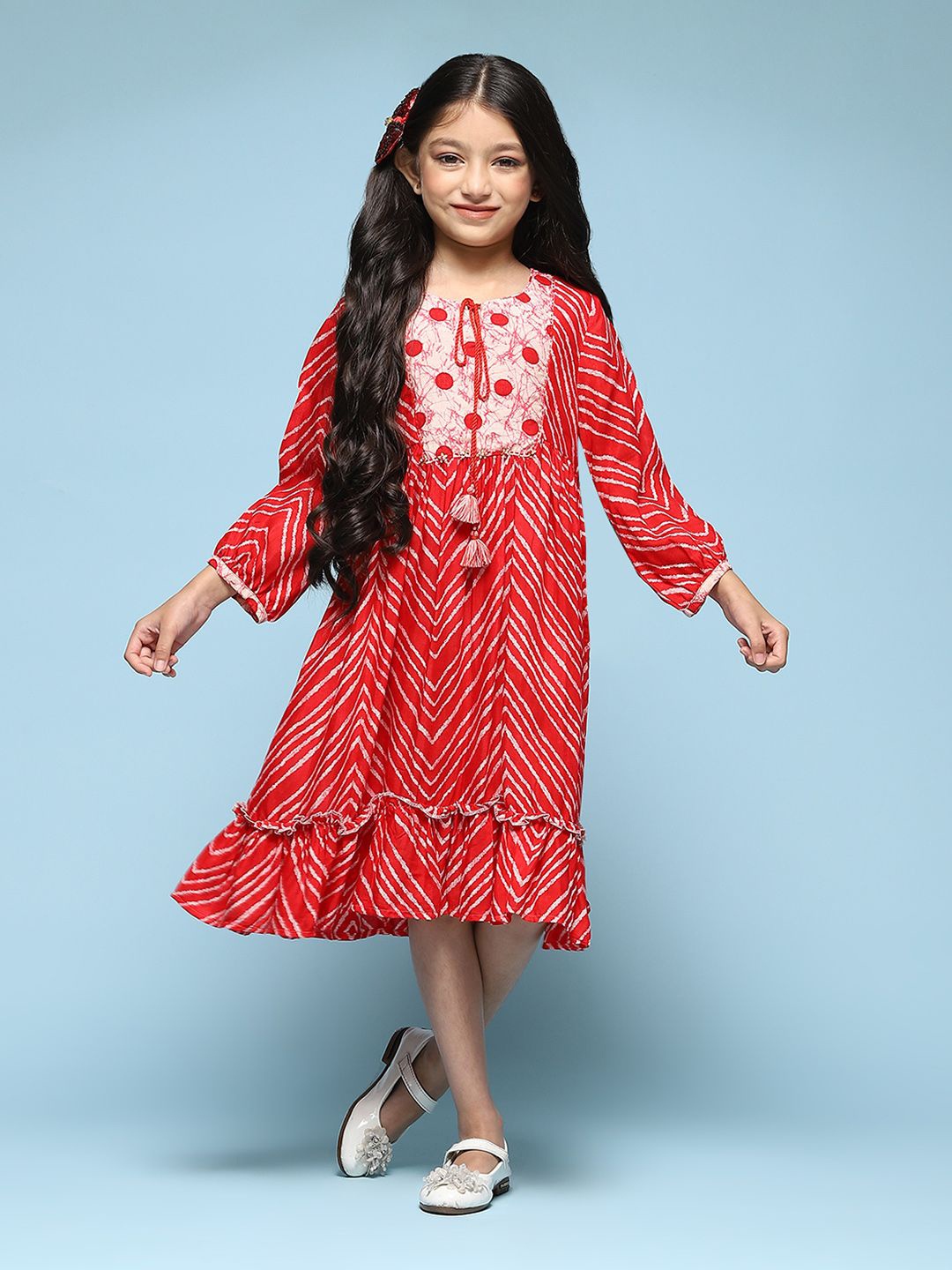 

Biba Girls Print Tie-Up Neck A-Line Midi Dress, Red