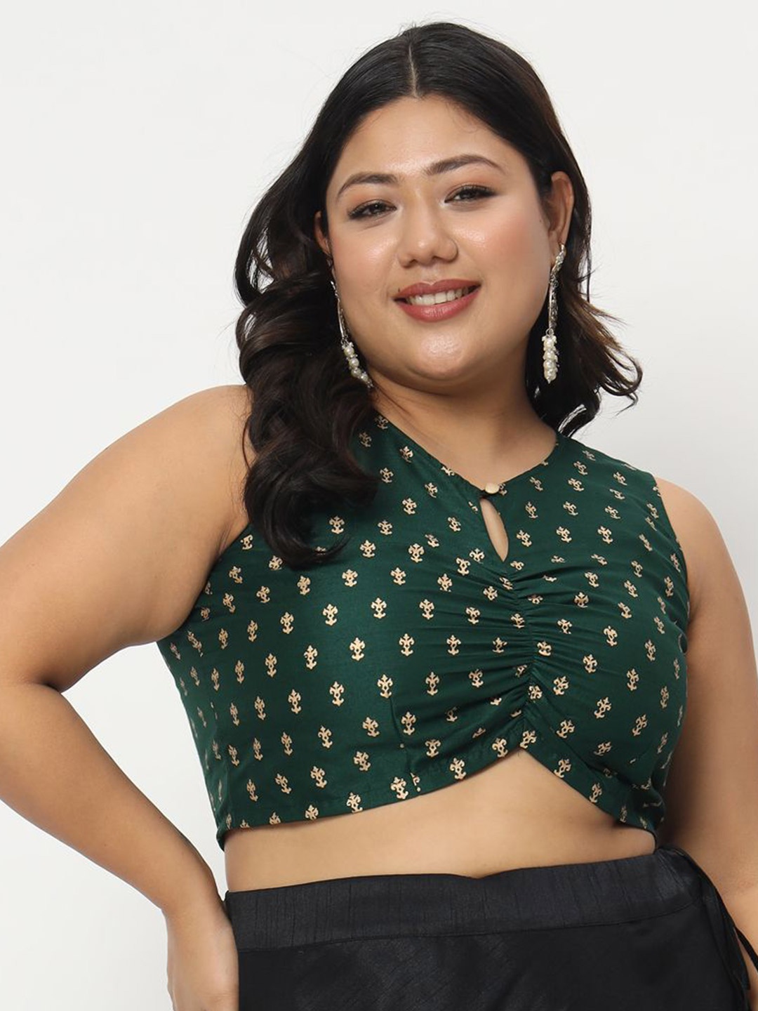 

studio rasa Ethnic Motifs Printed Keyhole Neck Crop Top, Green
