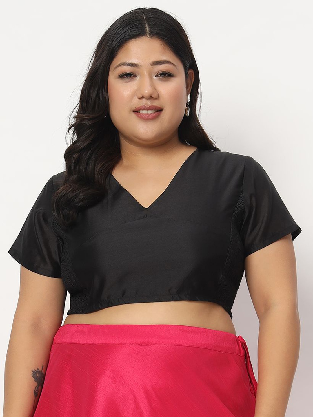 

studio rasa Plus Size V-Neck Smocked Stretchable Crop Top, Black