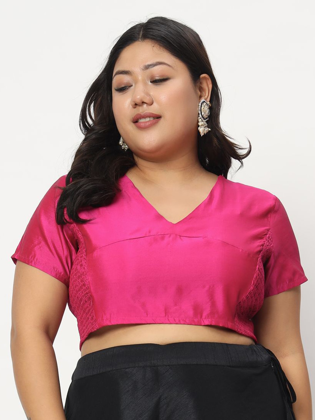 

studio rasa Plus Size V-Neck Smocked Stretchable Crop Top, Pink