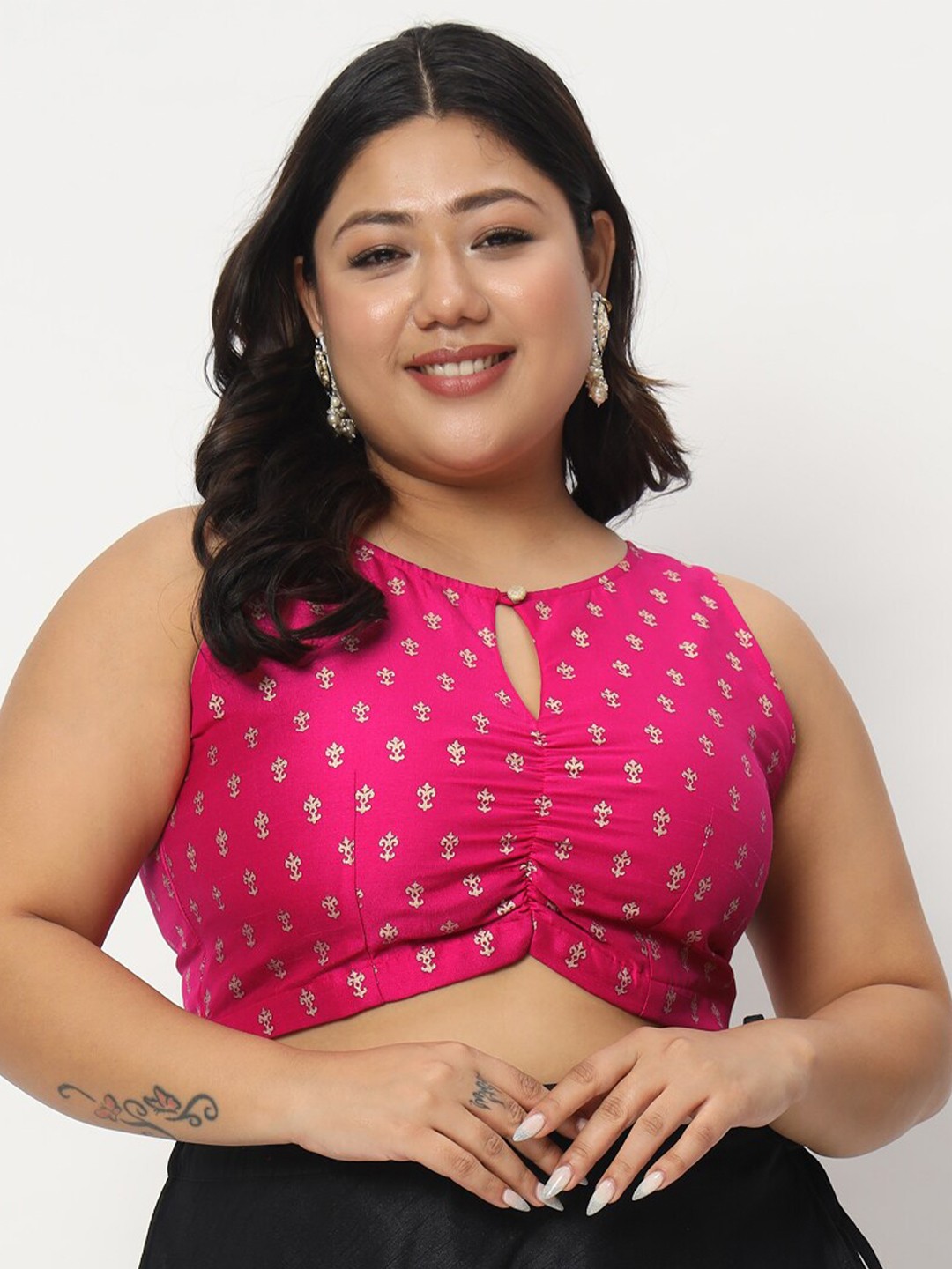 

studio rasa Ethnic Motifs Printed Keyhole Neck Crop Top, Pink