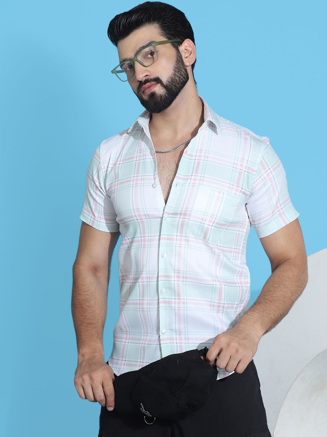 

Indian Needle Classic Checked Spread Collar Casual Shirt, Green