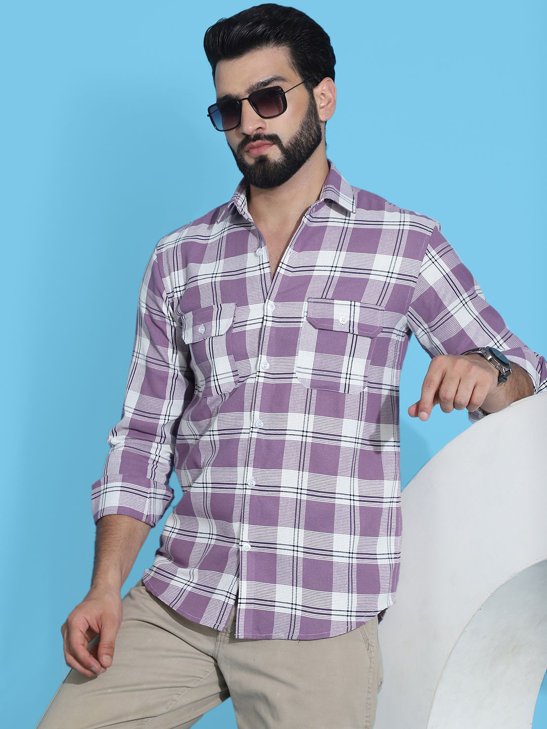 

Indian Needle Classic Checked Pure Cotton Spread Collar Casual Shirt, Purple