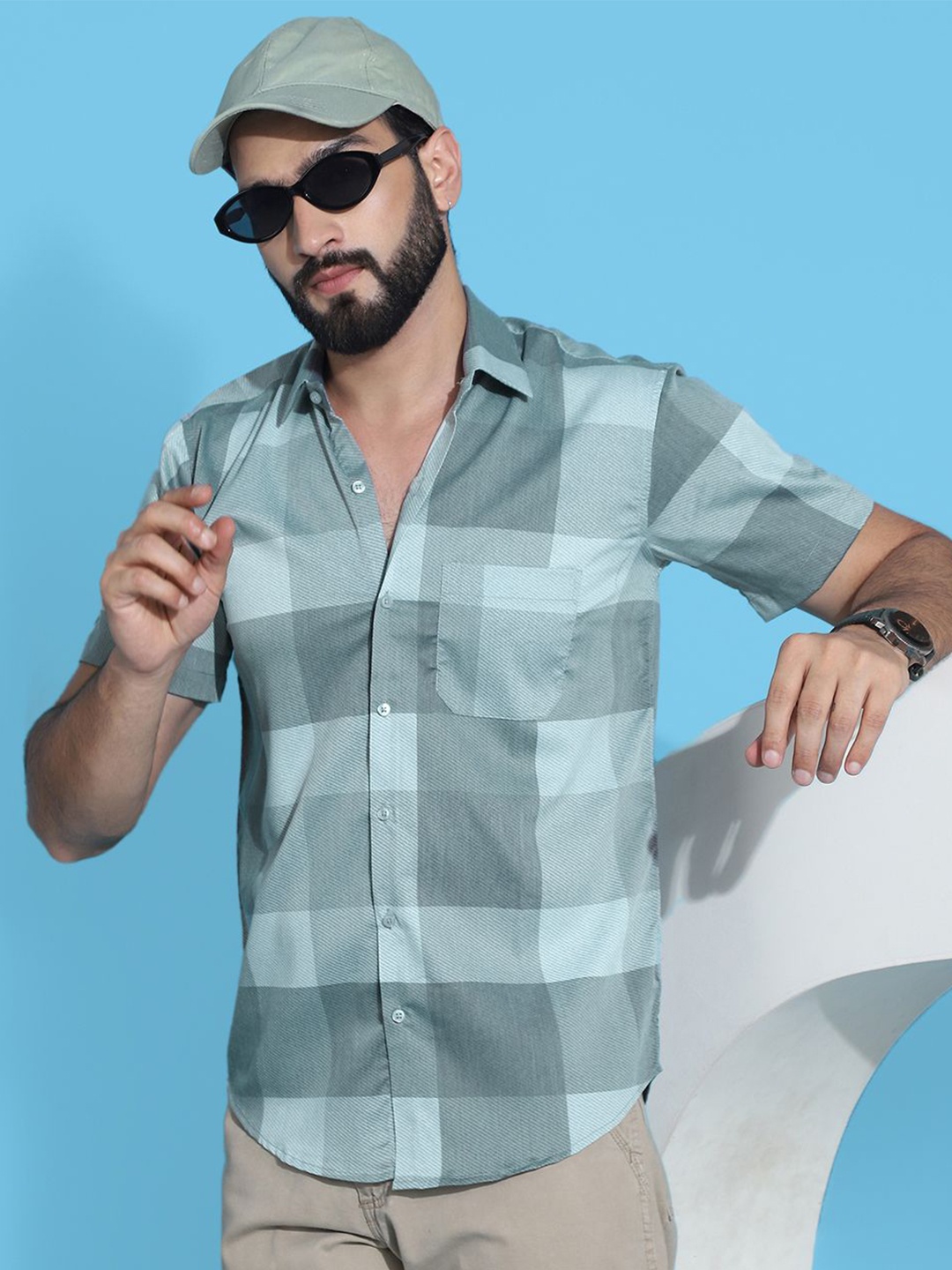 

Indian Needle Classic Checked Spread Collar Casual Shirt, Green