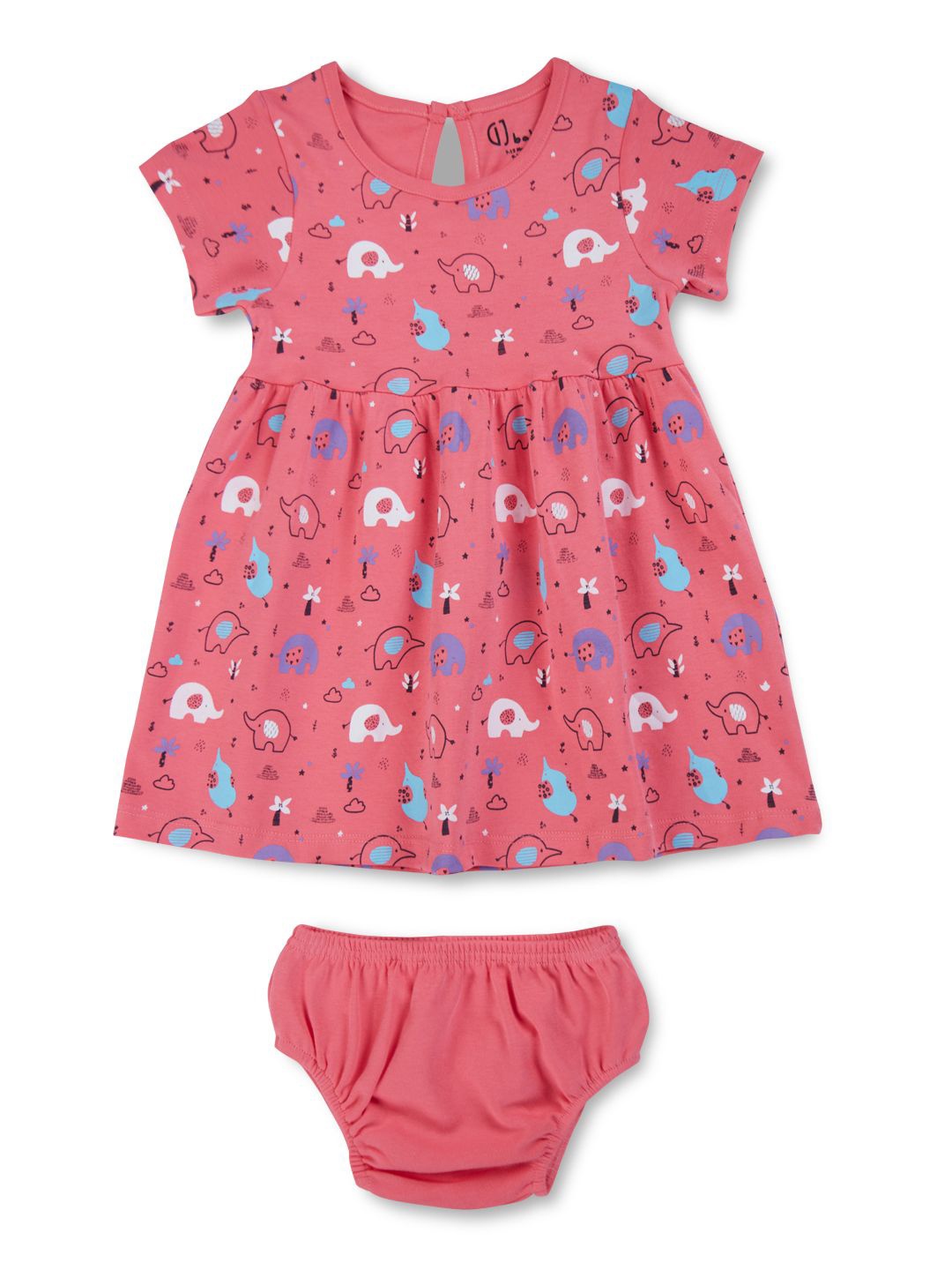 

GJ baby Girls Conversational Printed Round Neck Cotton Fit & Flare Dress, Pink