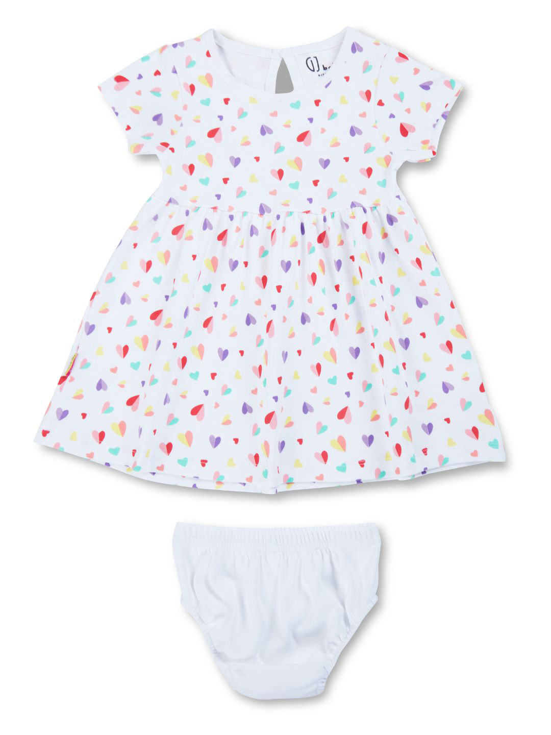 

GJ baby Girls Conversational Printed Round Neck Gathered Detailed Cotton Fit & Flare Dress, White