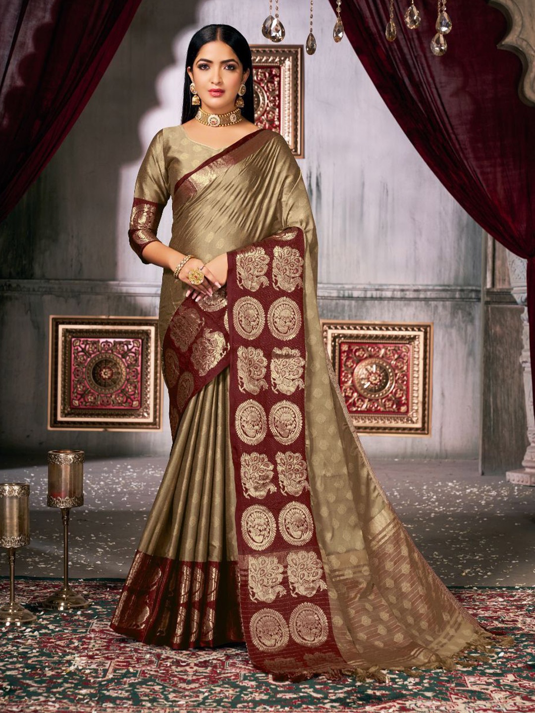 

KALINI Woven Design Zari Pure Silk Banarasi Saree, Cream