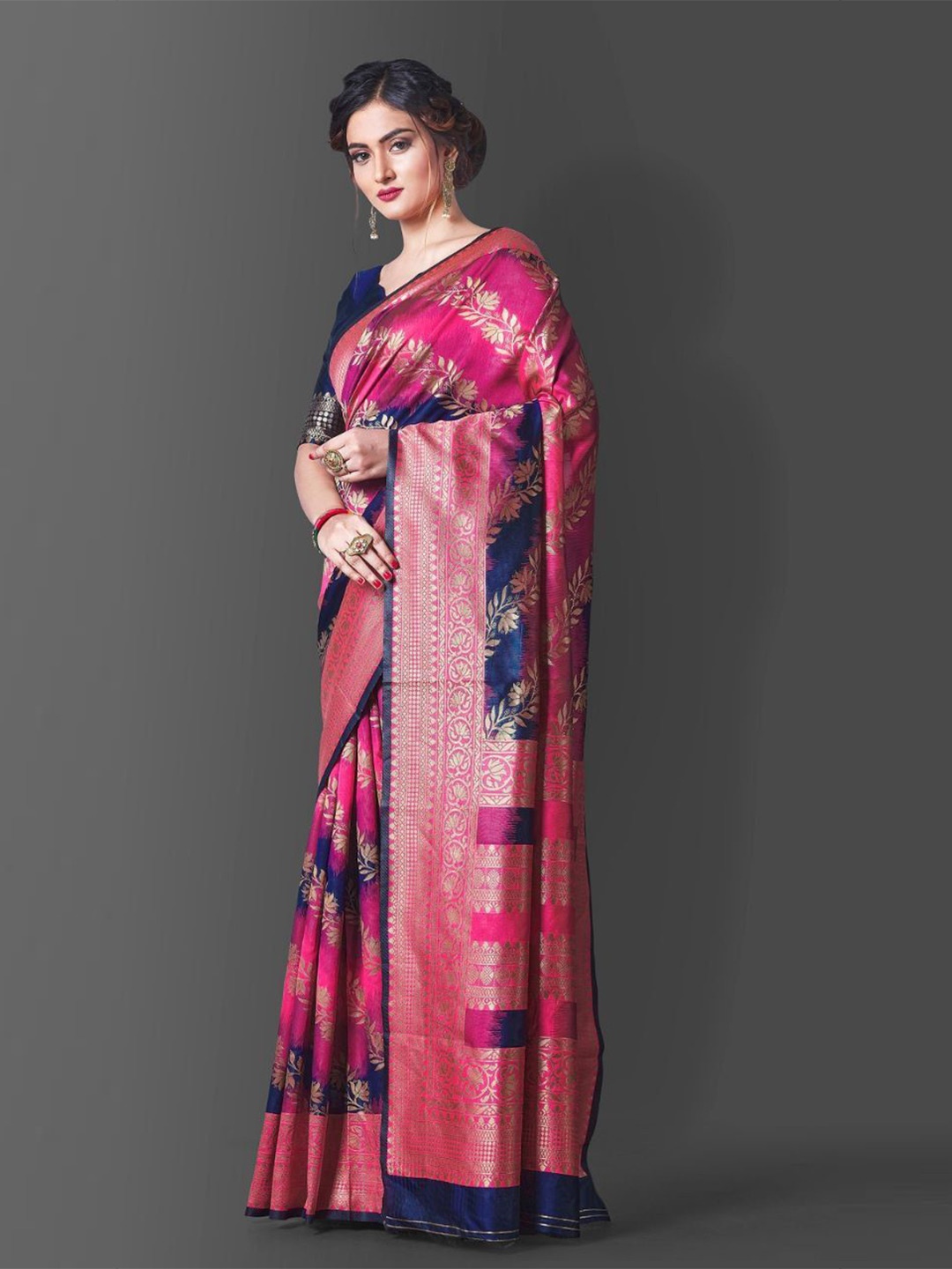 

KALINI Ethnic Motifs Woven Design Zari Pure Silk Banarasi Saree, Pink